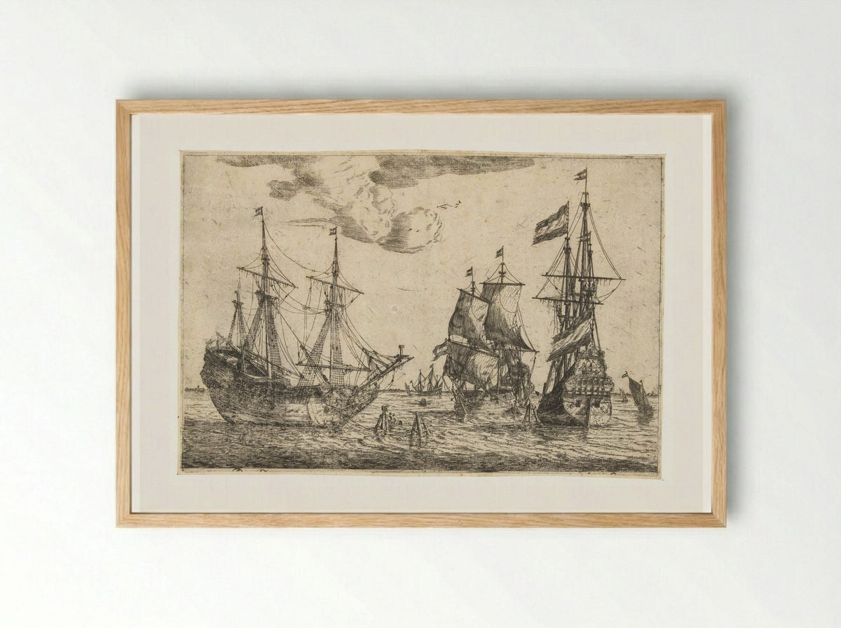 Drie aangemeerde zeilschepen - Reinier Nooms - Framed Print Wood