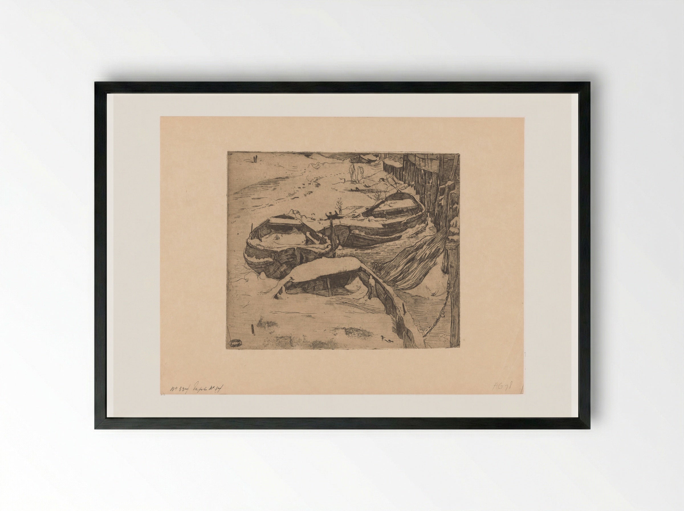 Drie besneeuwde roeiboten bij een wal - Pieter Dupont - Framed Print Black