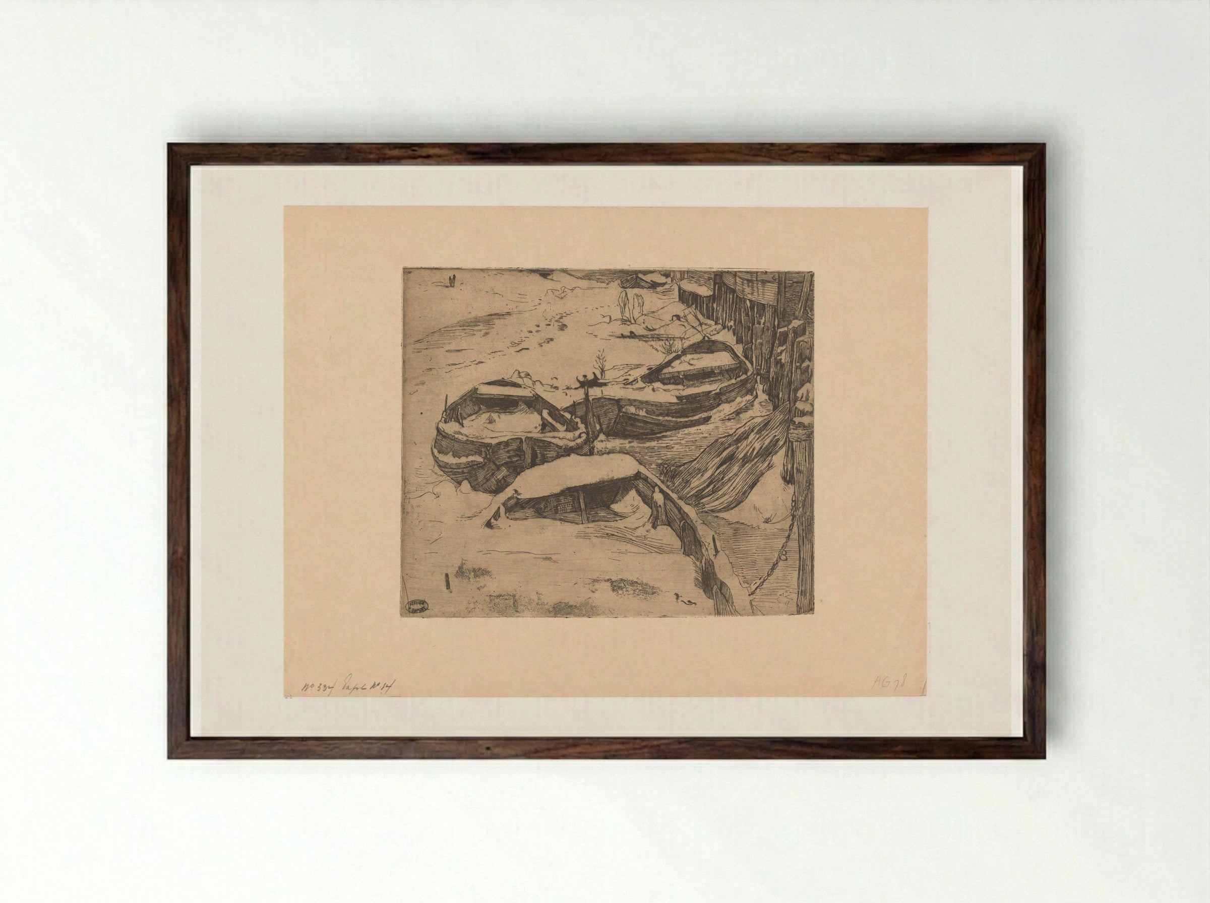 Drie besneeuwde roeiboten bij een wal - Pieter Dupont - Framed Print Dark Wood