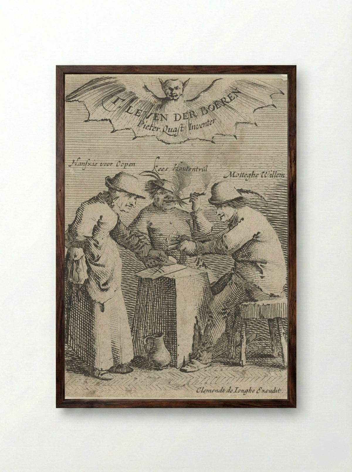 Drie boeren spelen een kaartspel - Salomon Savery - Framed Print Dark Wood