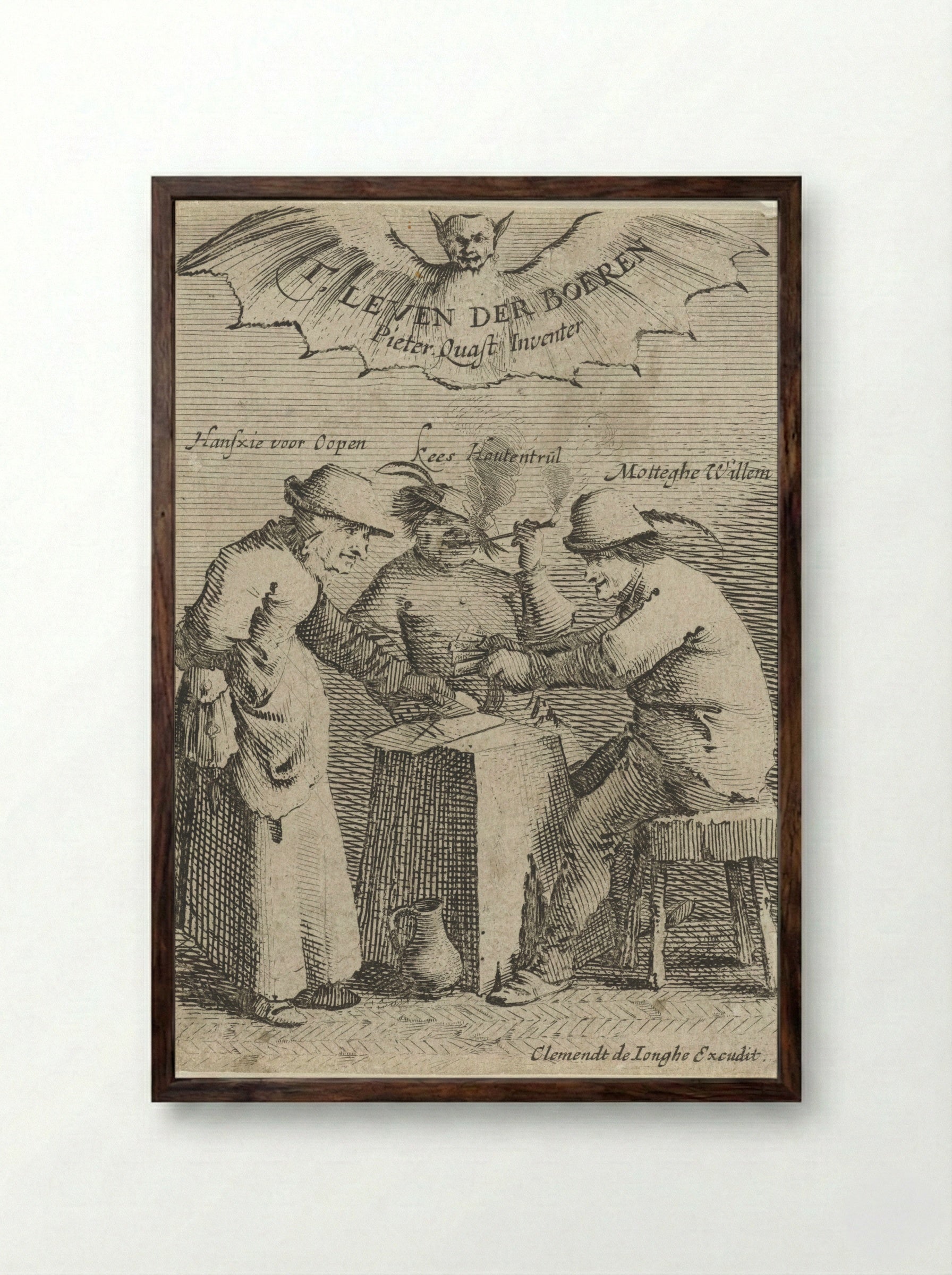 Drie boeren spelen een kaartspel - Salomon Savery - Framed Print Dark Wood