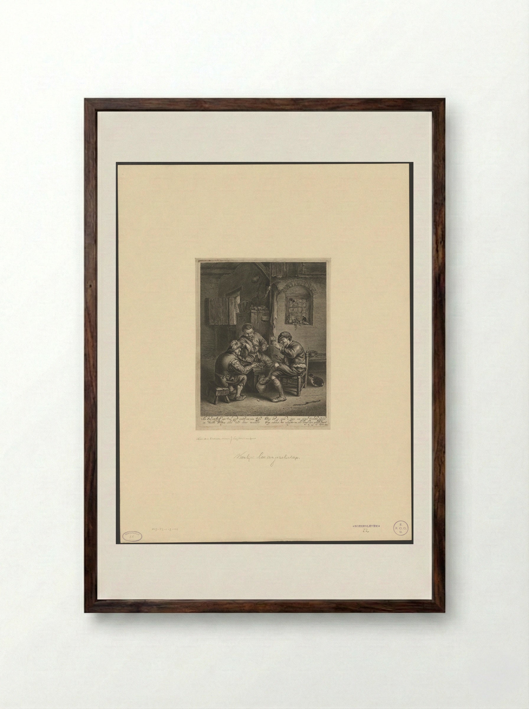 Drie boeren zittend rond een bankje - Jonas Suyderhoef - Framed Print Dark Wood