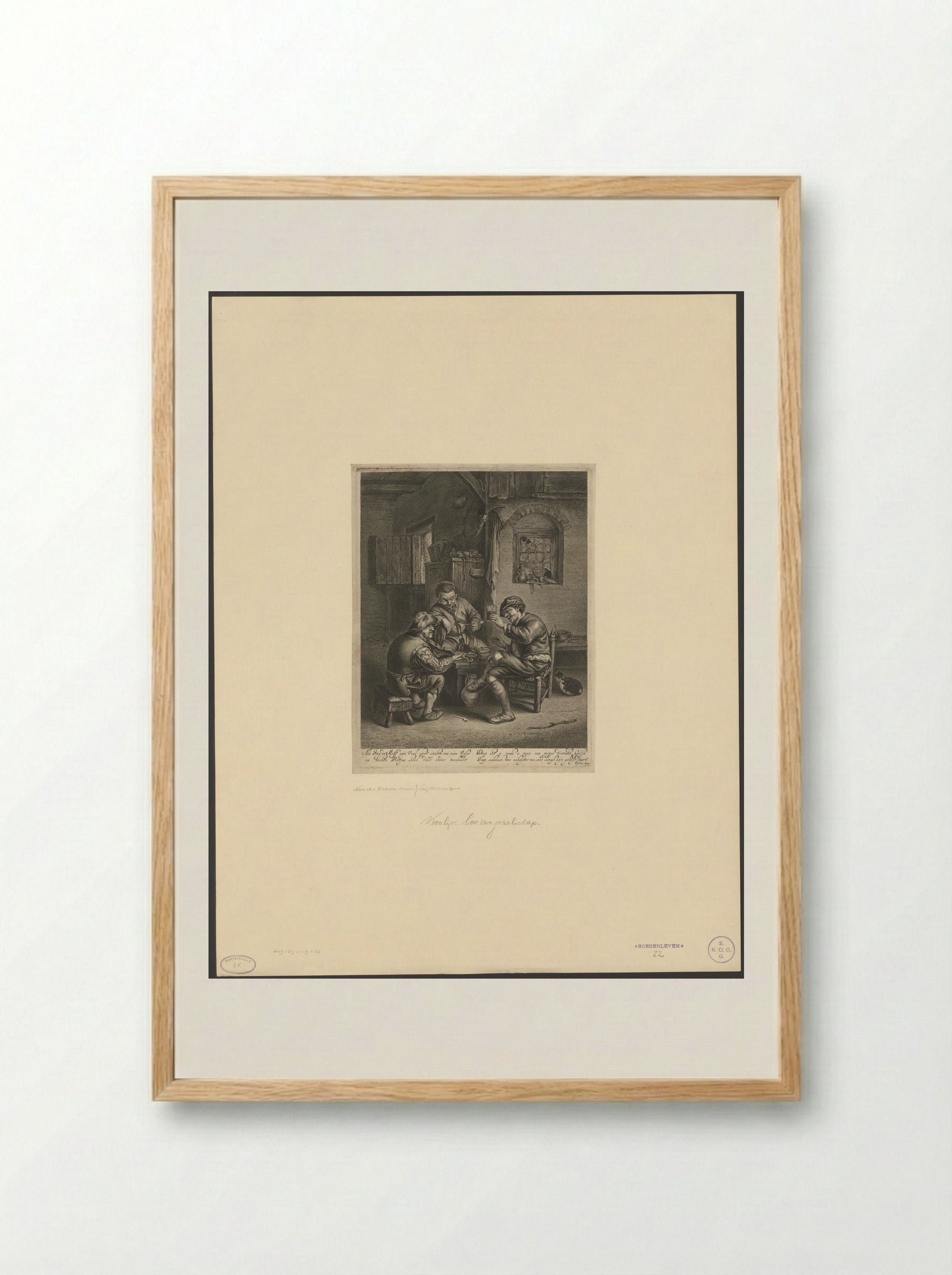 Drie boeren zittend rond een bankje - Jonas Suyderhoef - Framed Print Wood