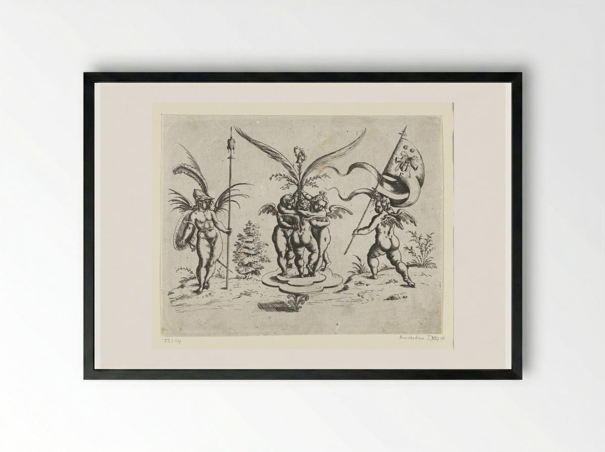 Drie elkaar omarmende putti op een klaverbladvormig plateau - Christoph Jamnitzer - Framed Print Black