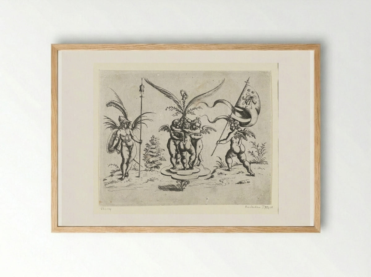 Drie elkaar omarmende putti op een klaverbladvormig plateau - Christoph Jamnitzer - Framed Print Wood