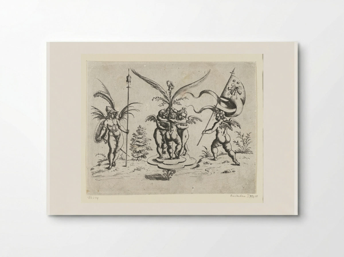Drie elkaar omarmende putti op een klaverbladvormig plateau - Christoph Jamnitzer - Poster