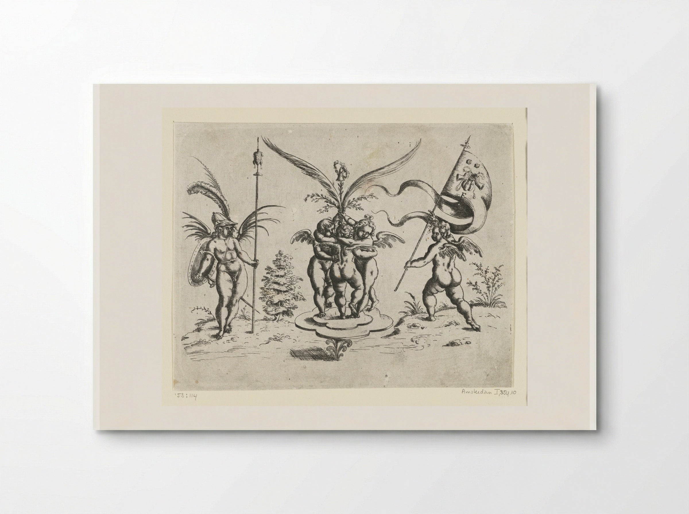 Drie elkaar omarmende putti op een klaverbladvormig plateau - Christoph Jamnitzer - Poster
