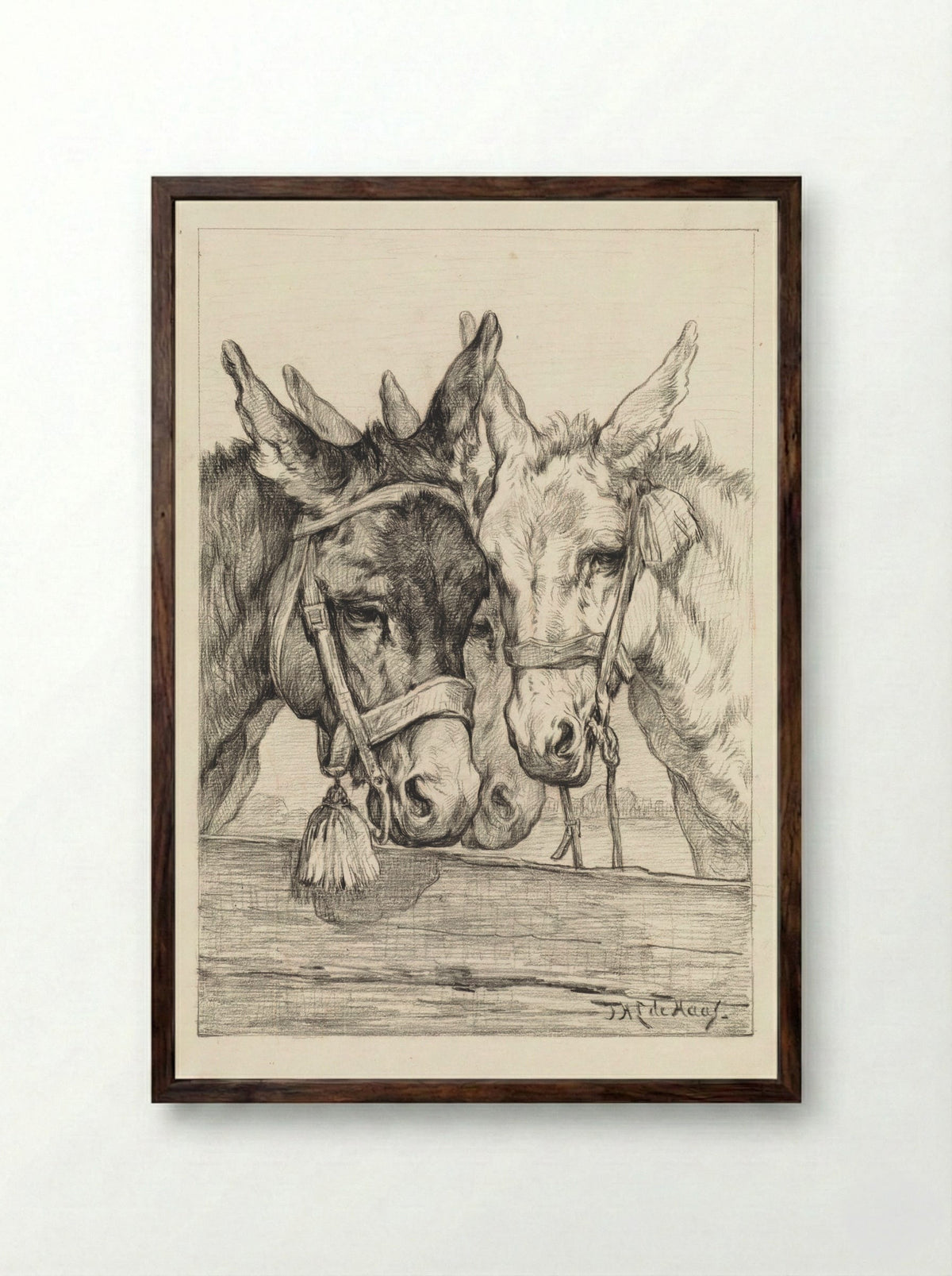 Drie ezels achter een schutting - Johannes Hubertus Leonardus de Haas - Framed Print Dark Wood