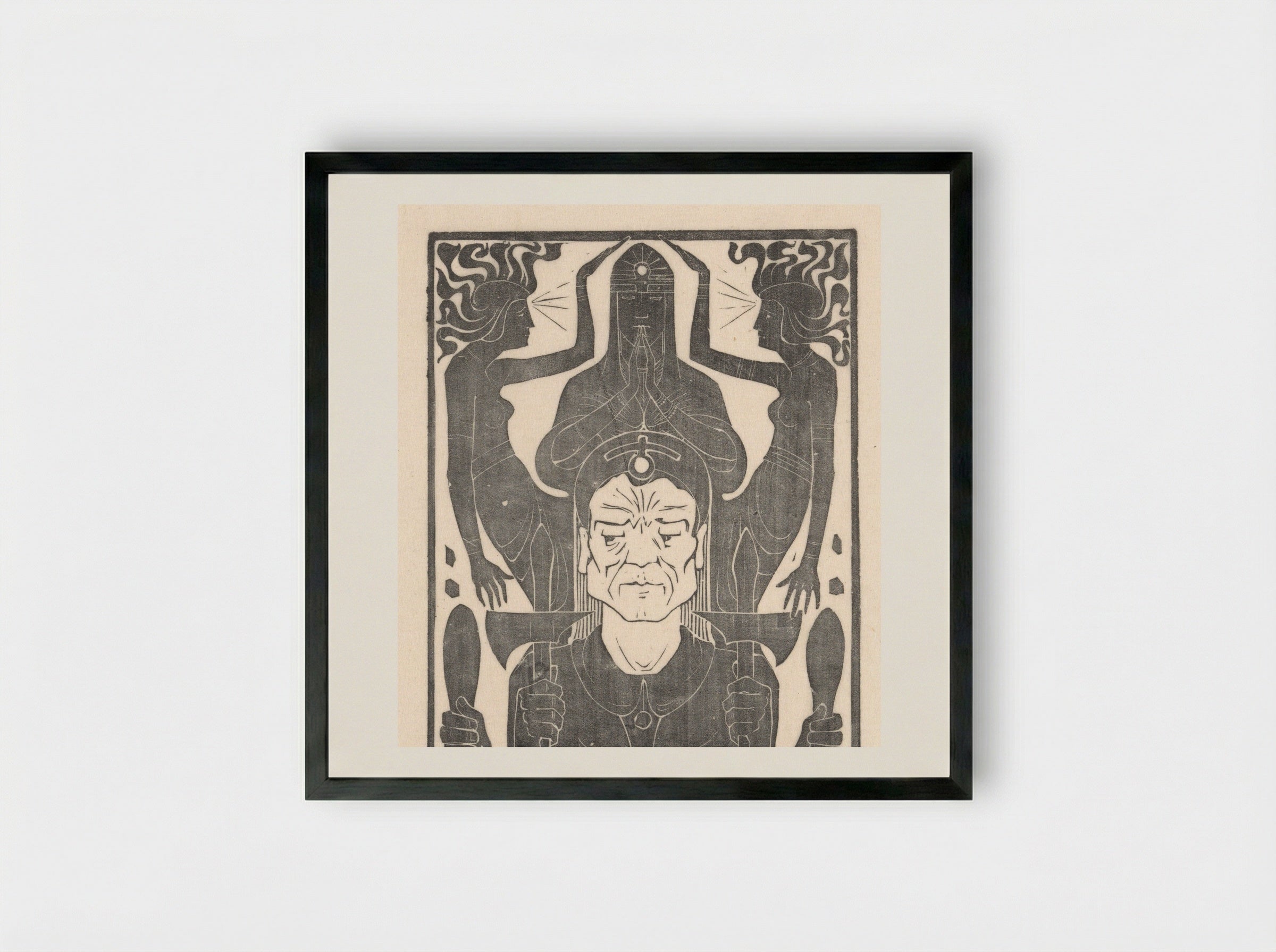Drie figuren bij een bewapende man met vier armen - Karel Petrus Cornelis de Bazel - Framed Print Black