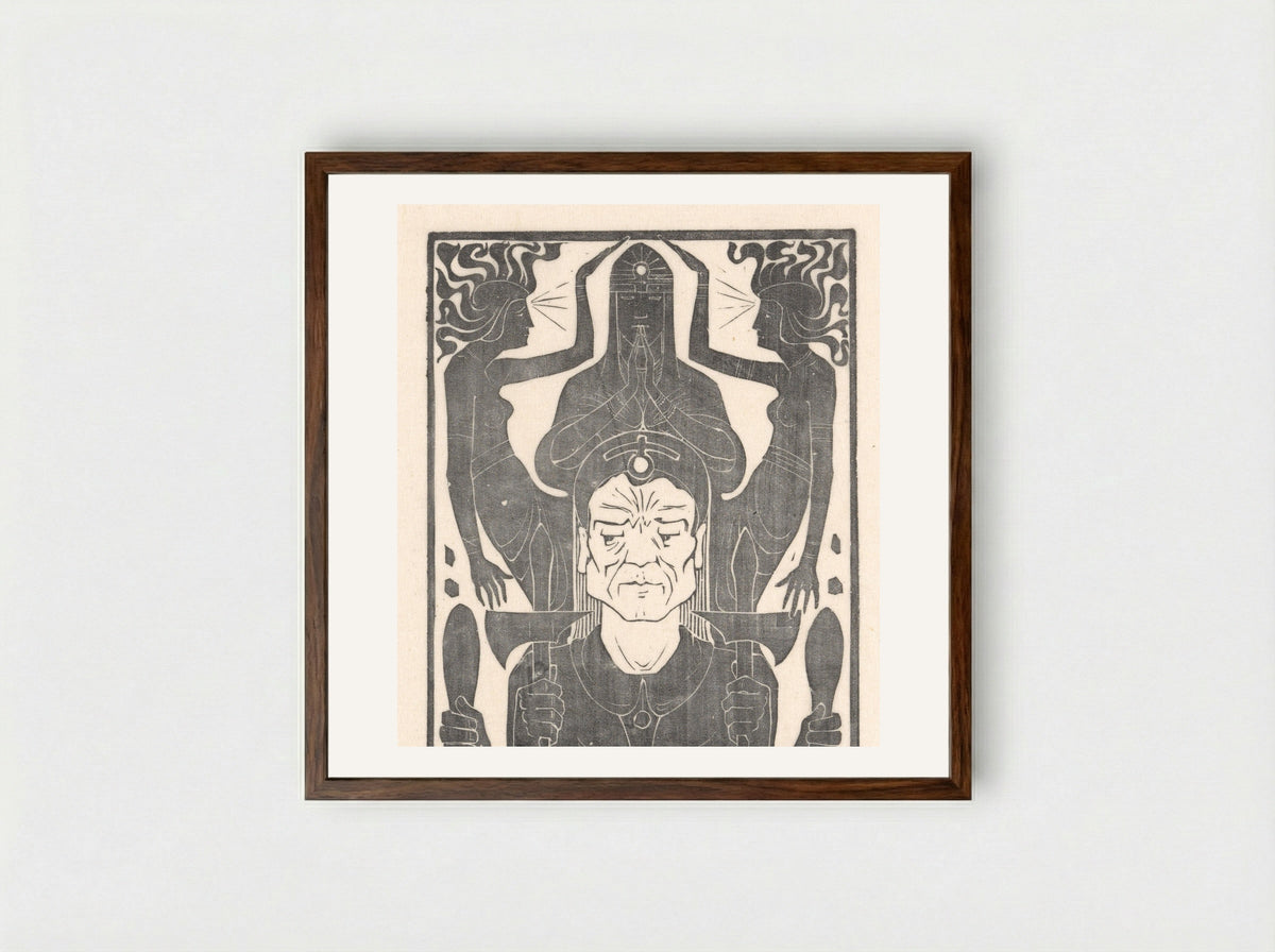Drie figuren bij een bewapende man met vier armen - Karel Petrus Cornelis de Bazel - Framed Print Dark Wood