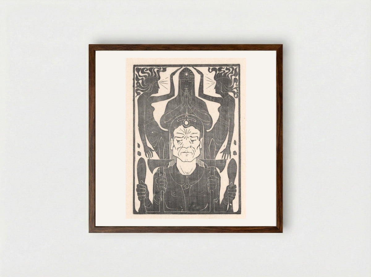 Drie figuren bij een bewapende man met vier armen - Karel Petrus Cornelis de Bazel - Framed Print Dark Wood