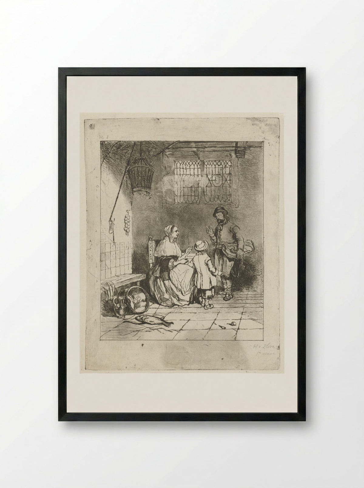 Drie figuren in een keukeninterieur - Huib van Hove Bz - Framed Print Black