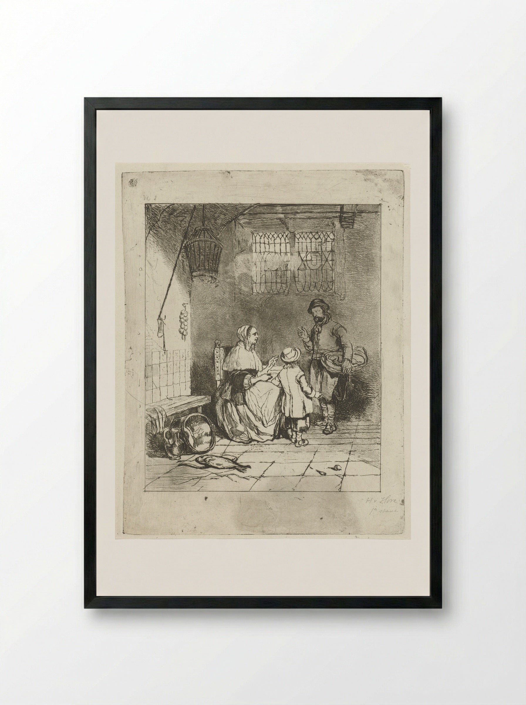 Drie figuren in een keukeninterieur - Huib van Hove Bz - Framed Print Black