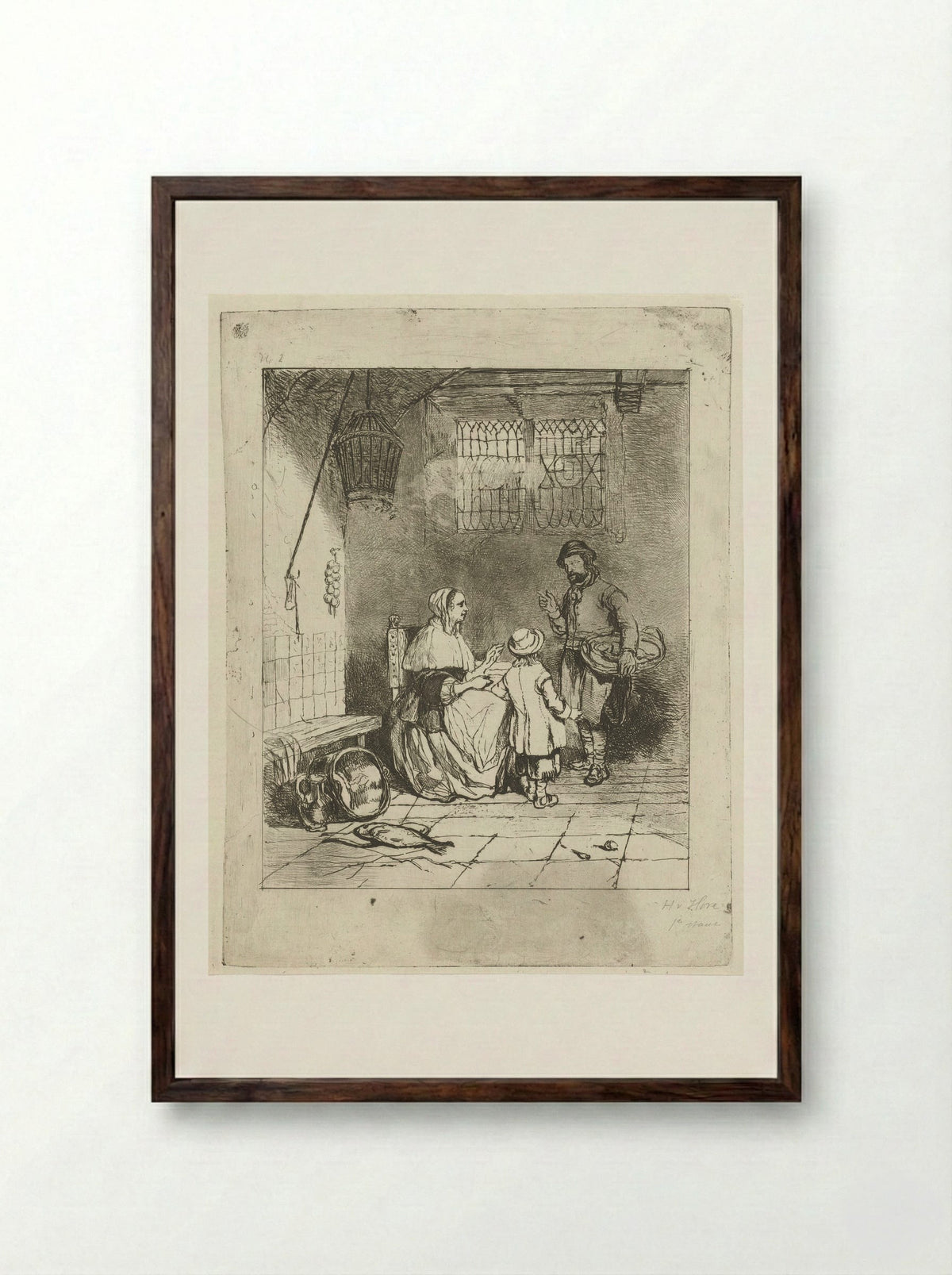 Drie figuren in een keukeninterieur - Huib van Hove Bz - Framed Print Dark Wood