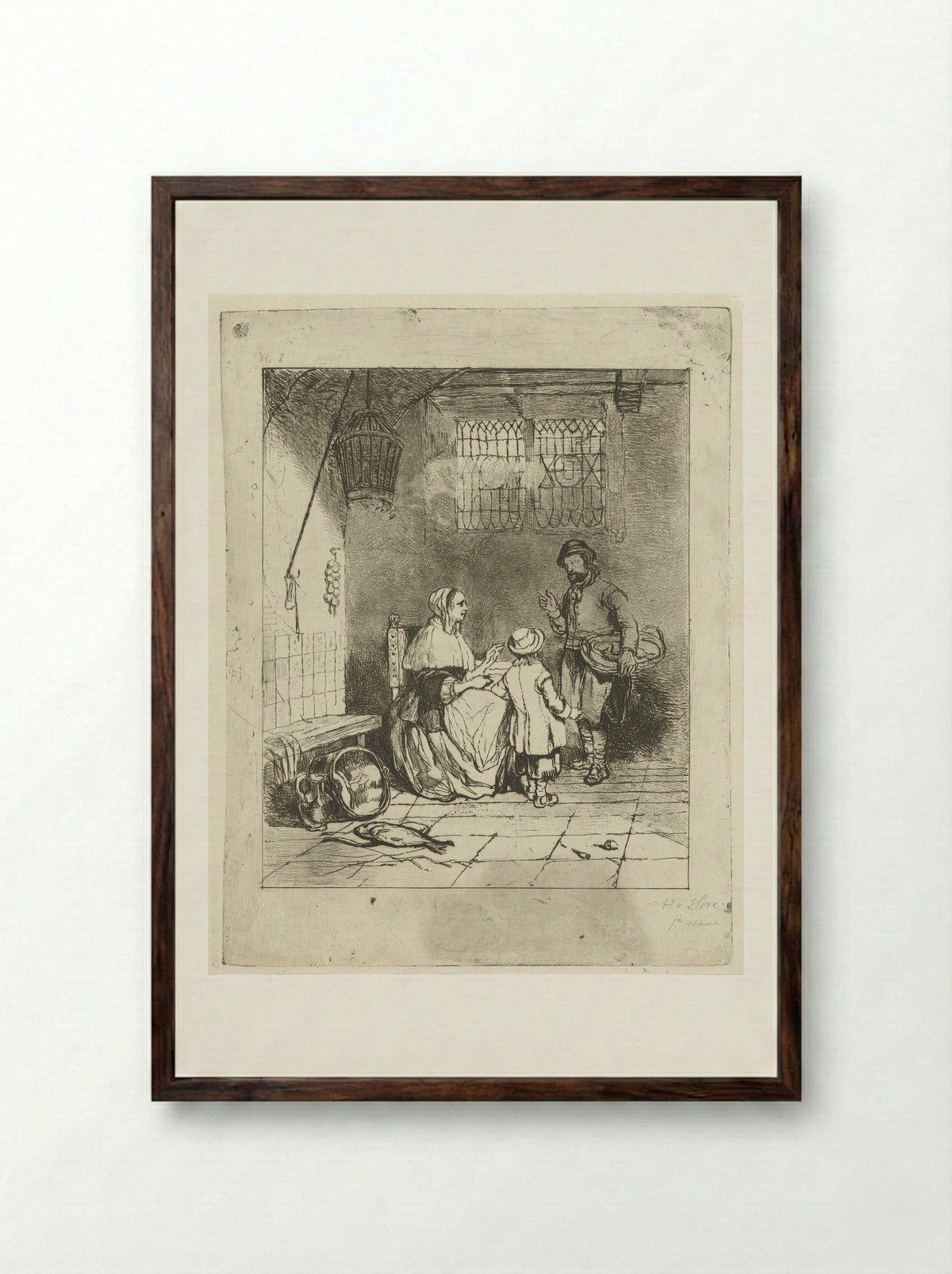 Drie figuren in een keukeninterieur - Huib van Hove Bz - Framed Print Dark Wood