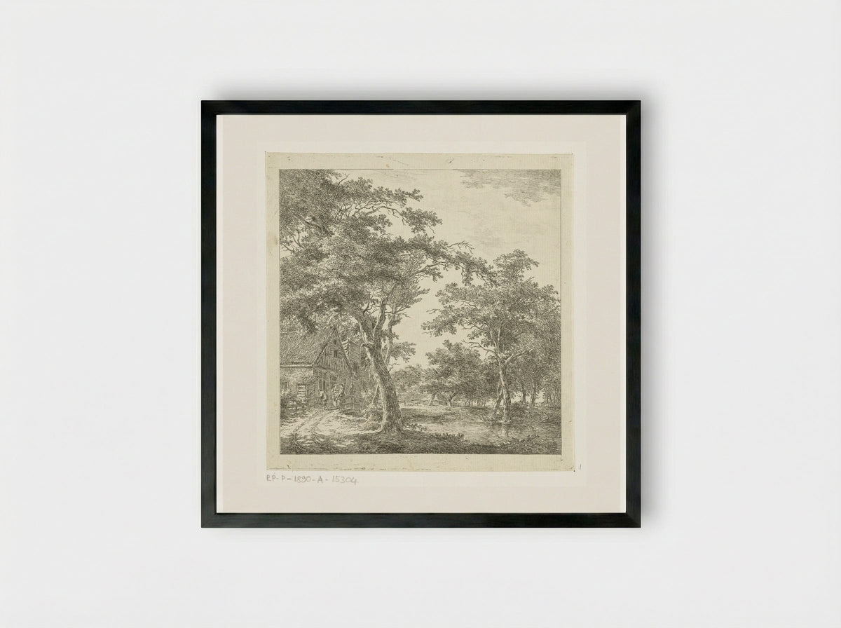 Drie figuren op een bruggetje voor een huis - Hermanus van Brussel - Framed Print Black