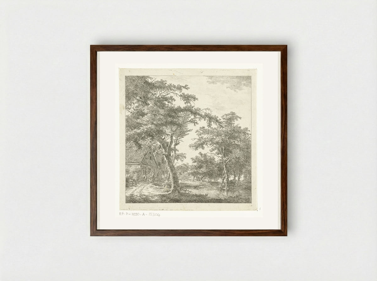 Drie figuren op een bruggetje voor een huis - Hermanus van Brussel - Framed Print Dark Wood