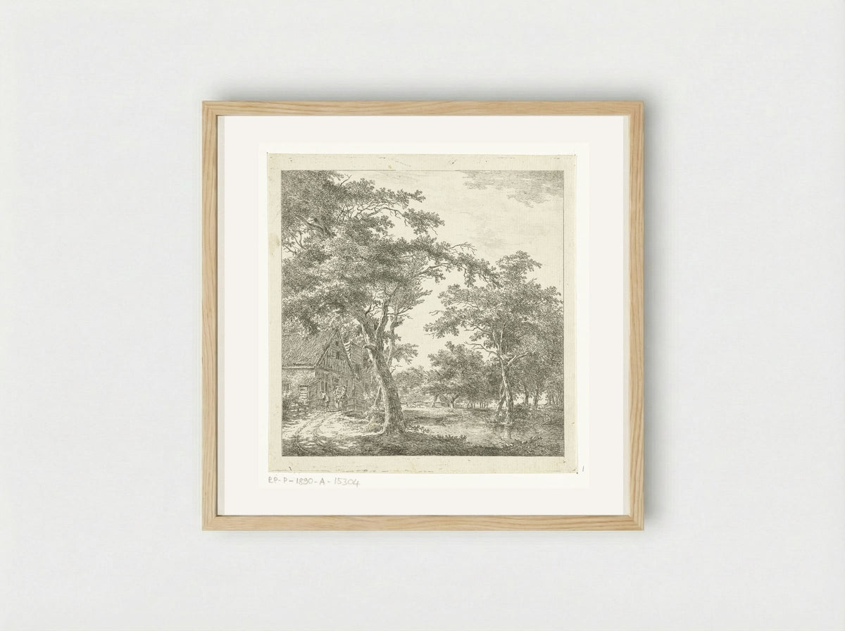 Drie figuren op een bruggetje voor een huis - Hermanus van Brussel - Framed Print Wood