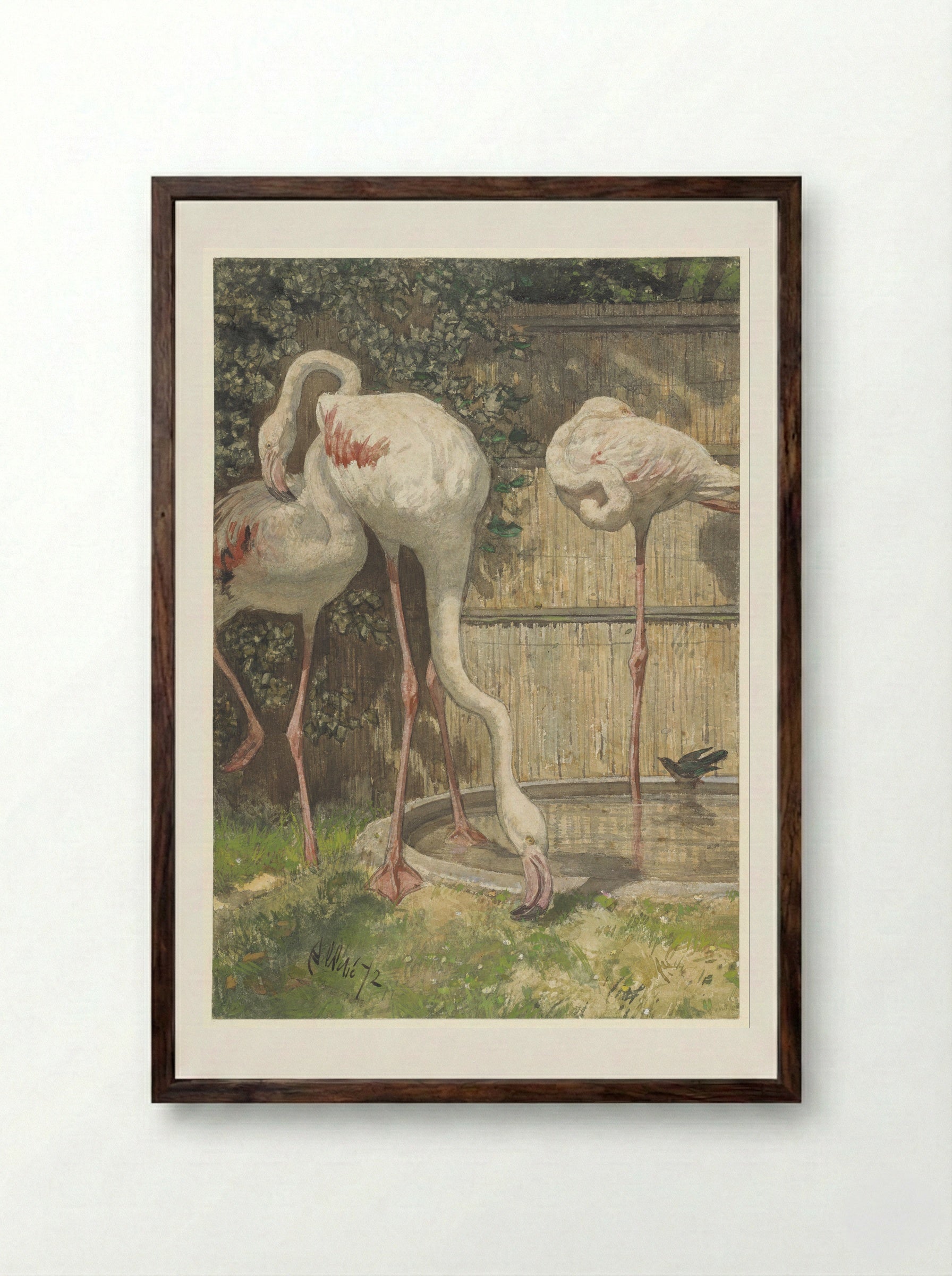 Drie flamingo's bij een bassin - August Allebé - Framed Print Dark Wood