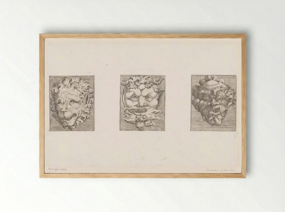 Drie groteske maskers - Adamo Scultori - Framed Print Wood