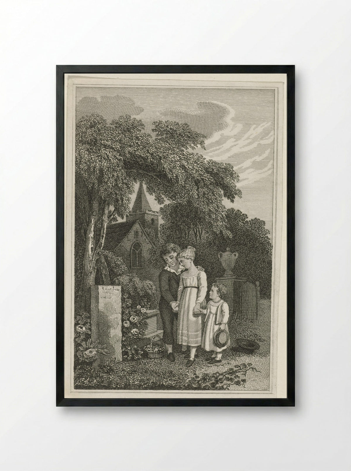 Drie kinderen bij het graf van hun moeder - Pieter van der Meulen - Framed Print Black