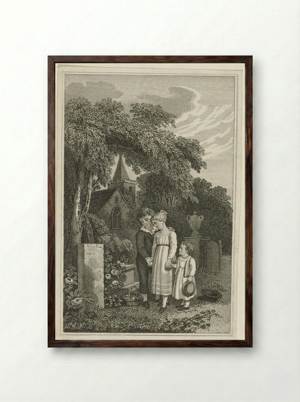 Drie kinderen bij het graf van hun moeder - Pieter van der Meulen - Framed Print Dark Wood