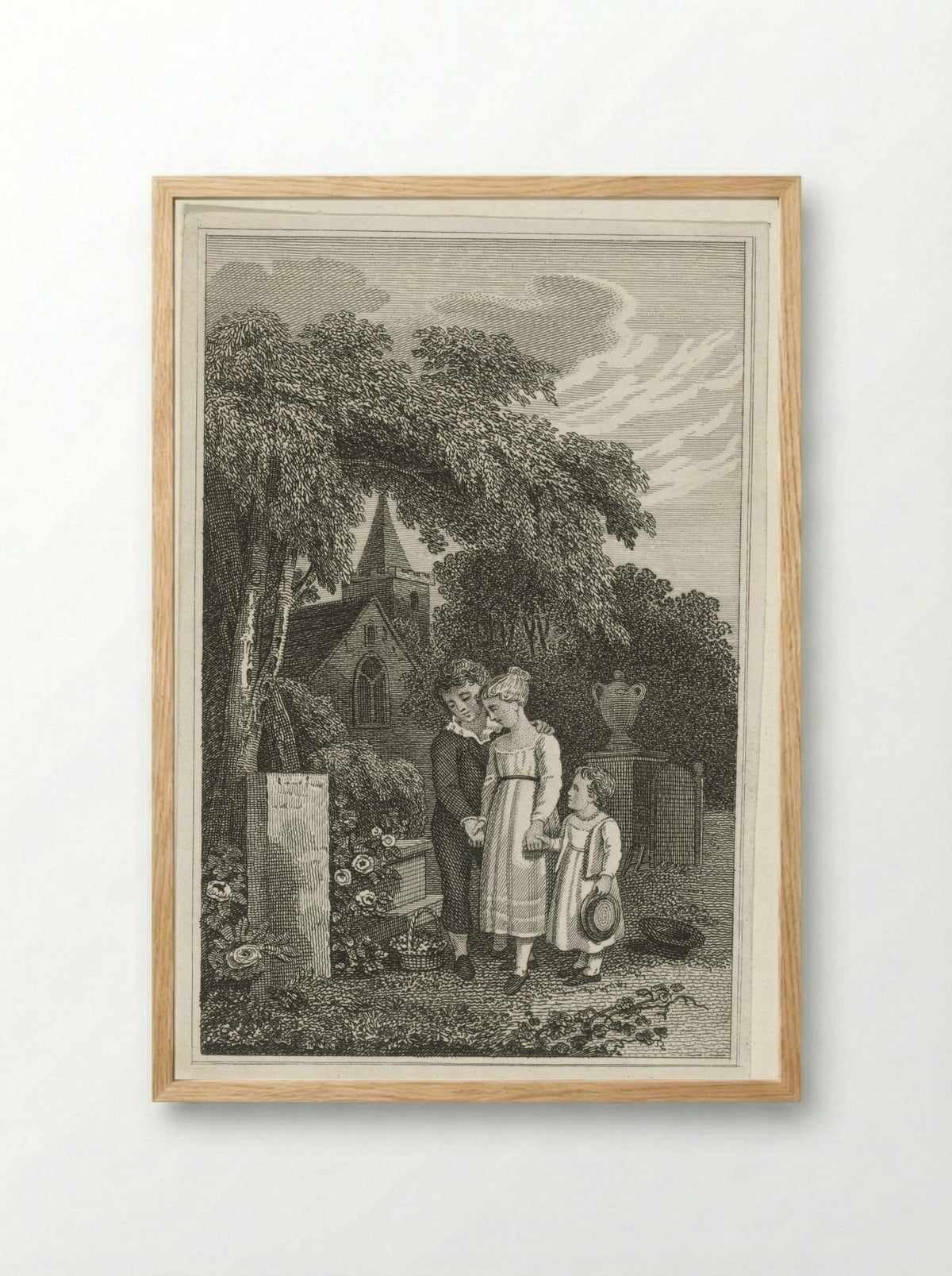 Drie kinderen bij het graf van hun moeder - Pieter van der Meulen - Framed Print Wood