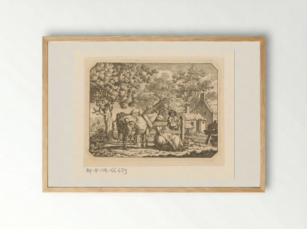 Drie koeien bij een boer aan een hek - Jacob Elias van Varelen - Framed Print Wood