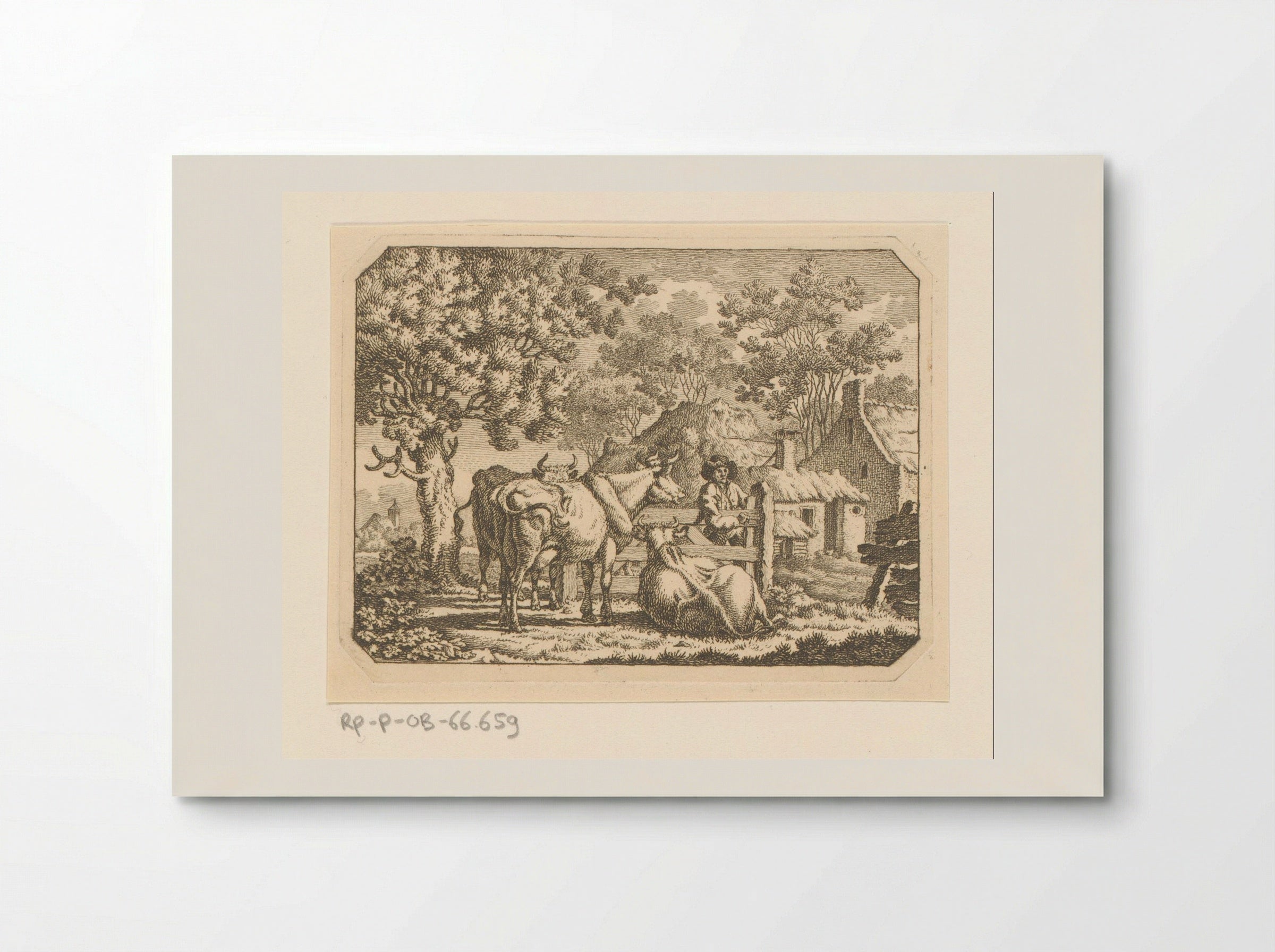 Drie koeien bij een boer aan een hek - Jacob Elias van Varelen - Poster