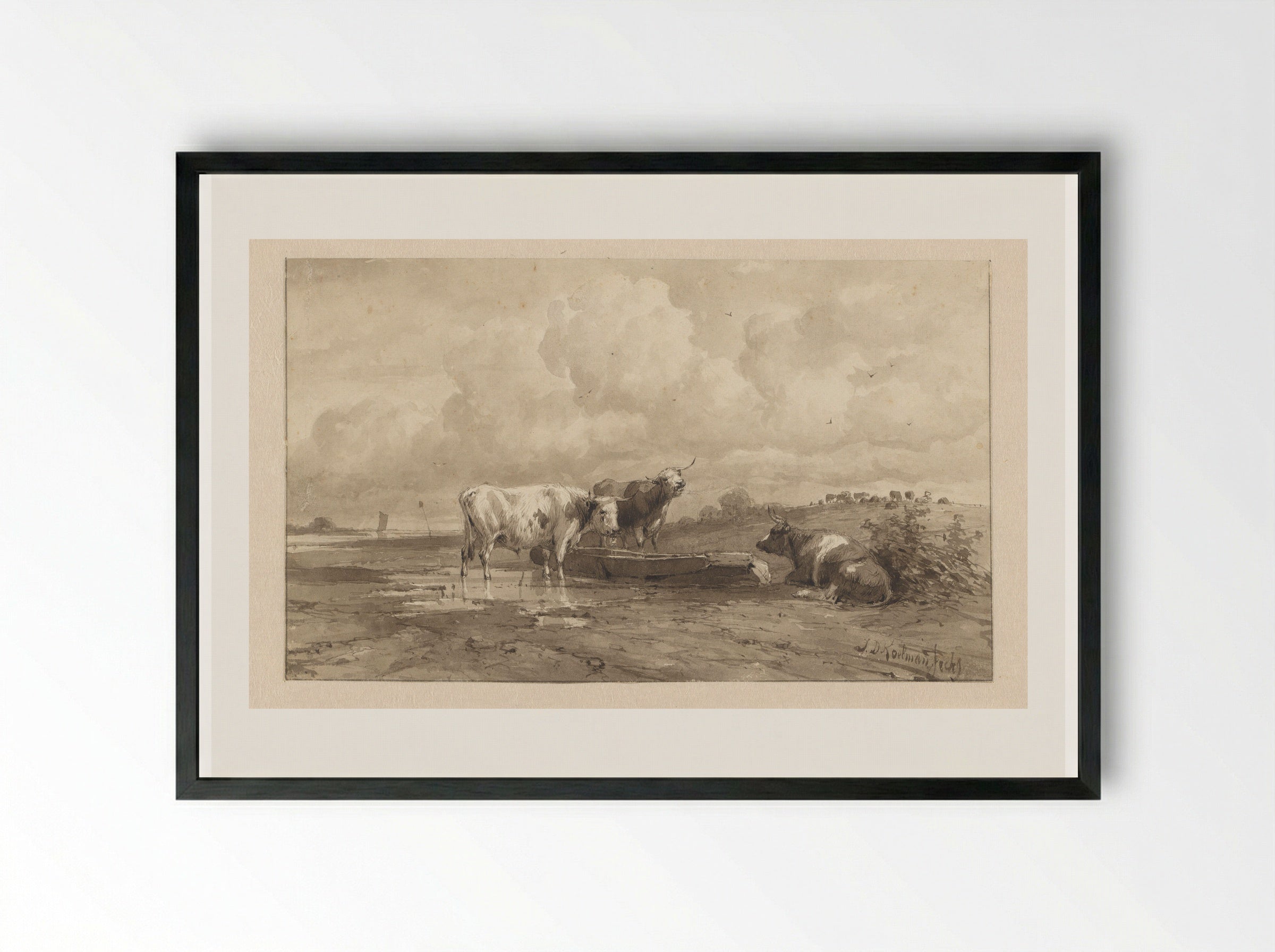 Drie koeien in een weiland - Johan Daniël Koelman - Framed Print Black