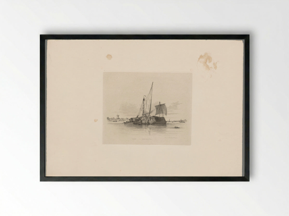 Drie lage, overdekte boten in de Theems bij Nine Elms met links een windmolen - S.H. Hawkins - Framed Print Black