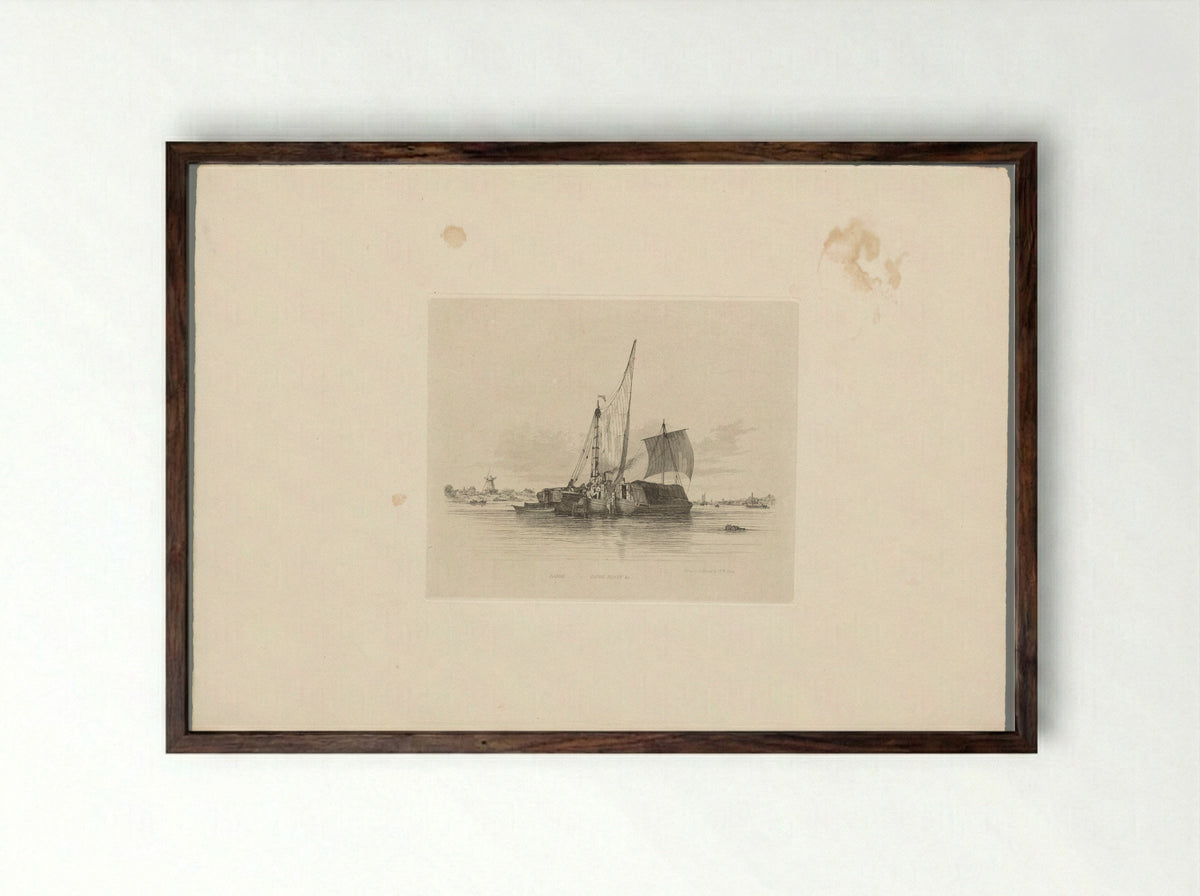 Drie lage, overdekte boten in de Theems bij Nine Elms met links een windmolen - S.H. Hawkins - Framed Print Dark Wood