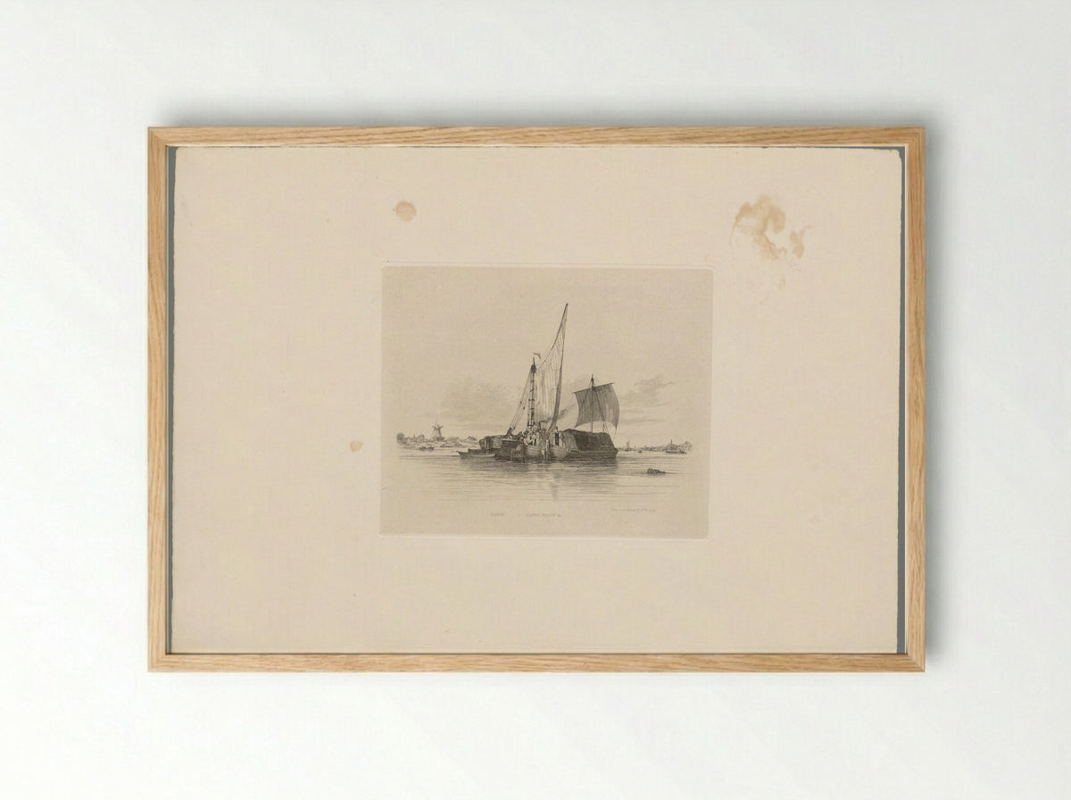 Drie lage, overdekte boten in de Theems bij Nine Elms met links een windmolen - S.H. Hawkins - Framed Print Wood