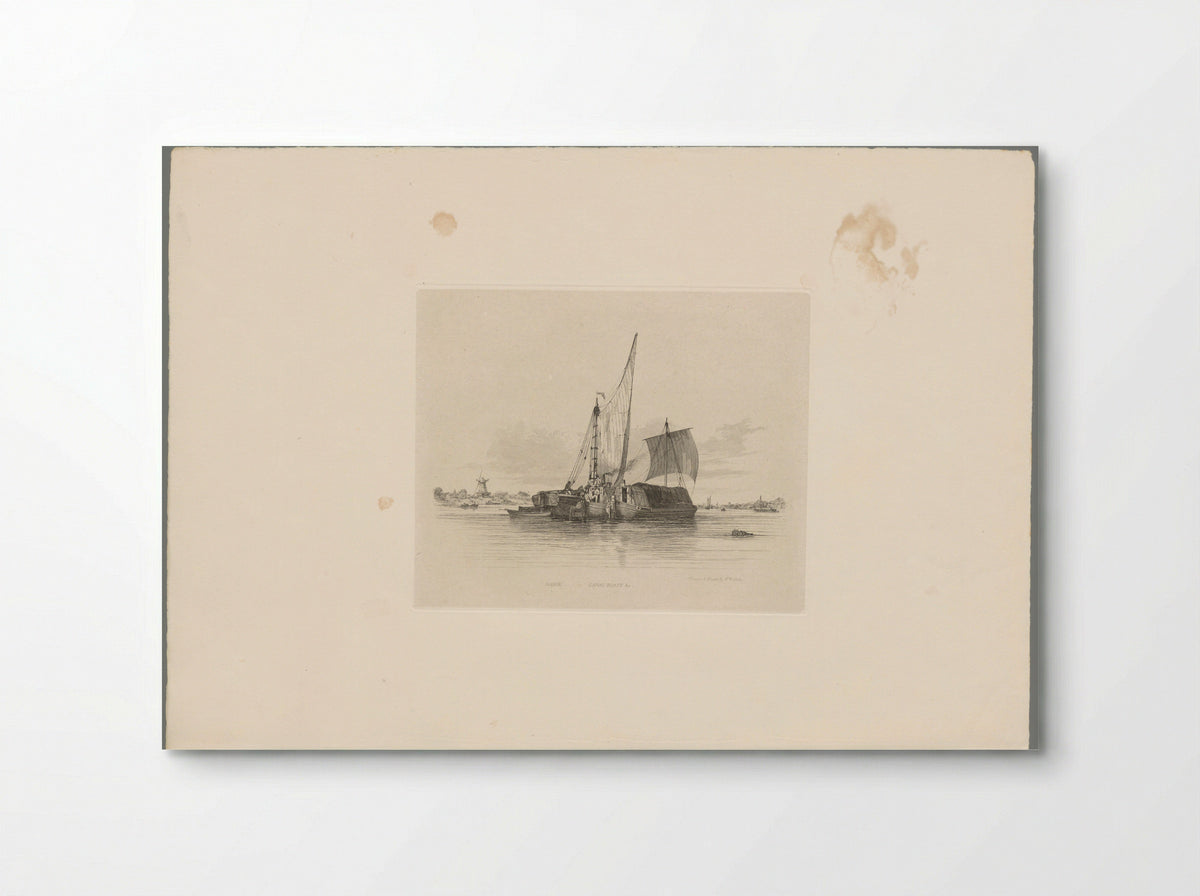 Drie lage, overdekte boten in de Theems bij Nine Elms met links een windmolen - S.H. Hawkins - Poster