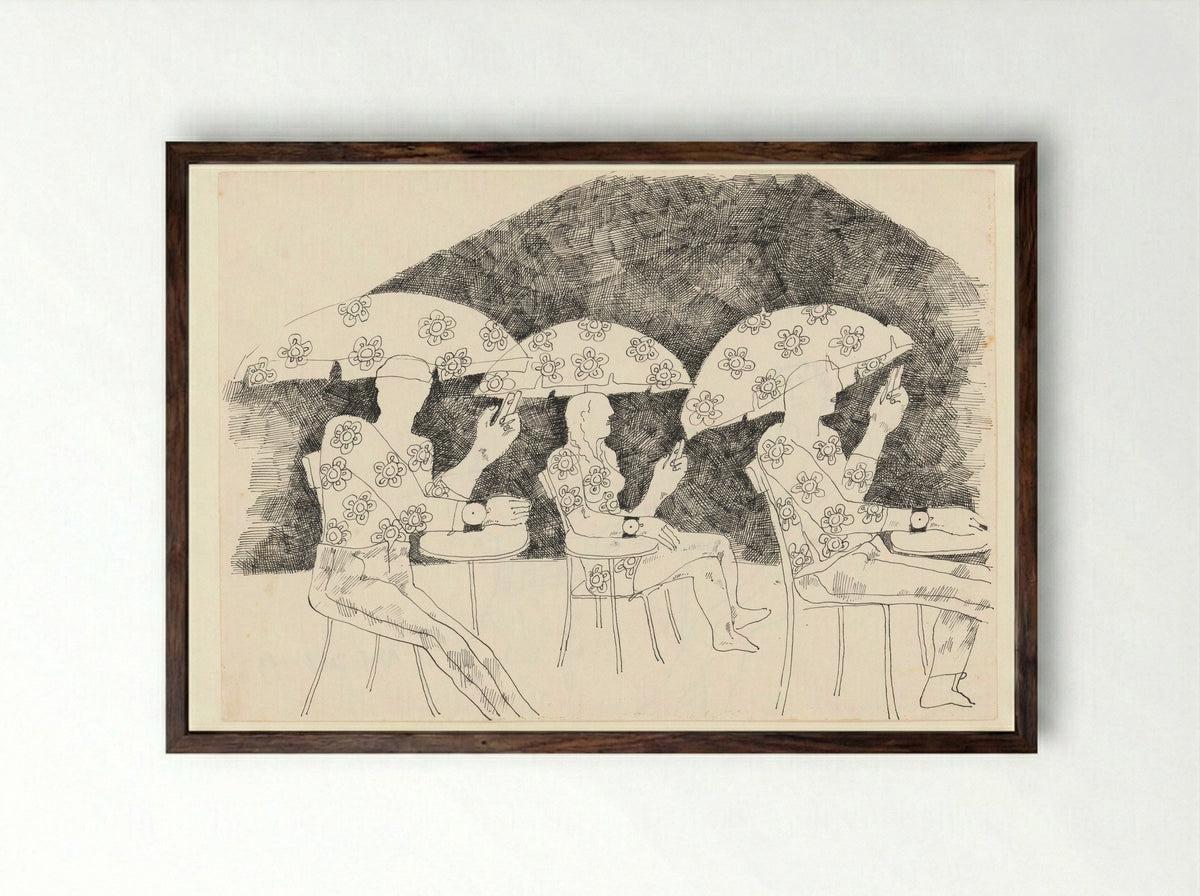 Drie mensen op een terras onder parasols - Paula Thies - Framed Print Dark Wood