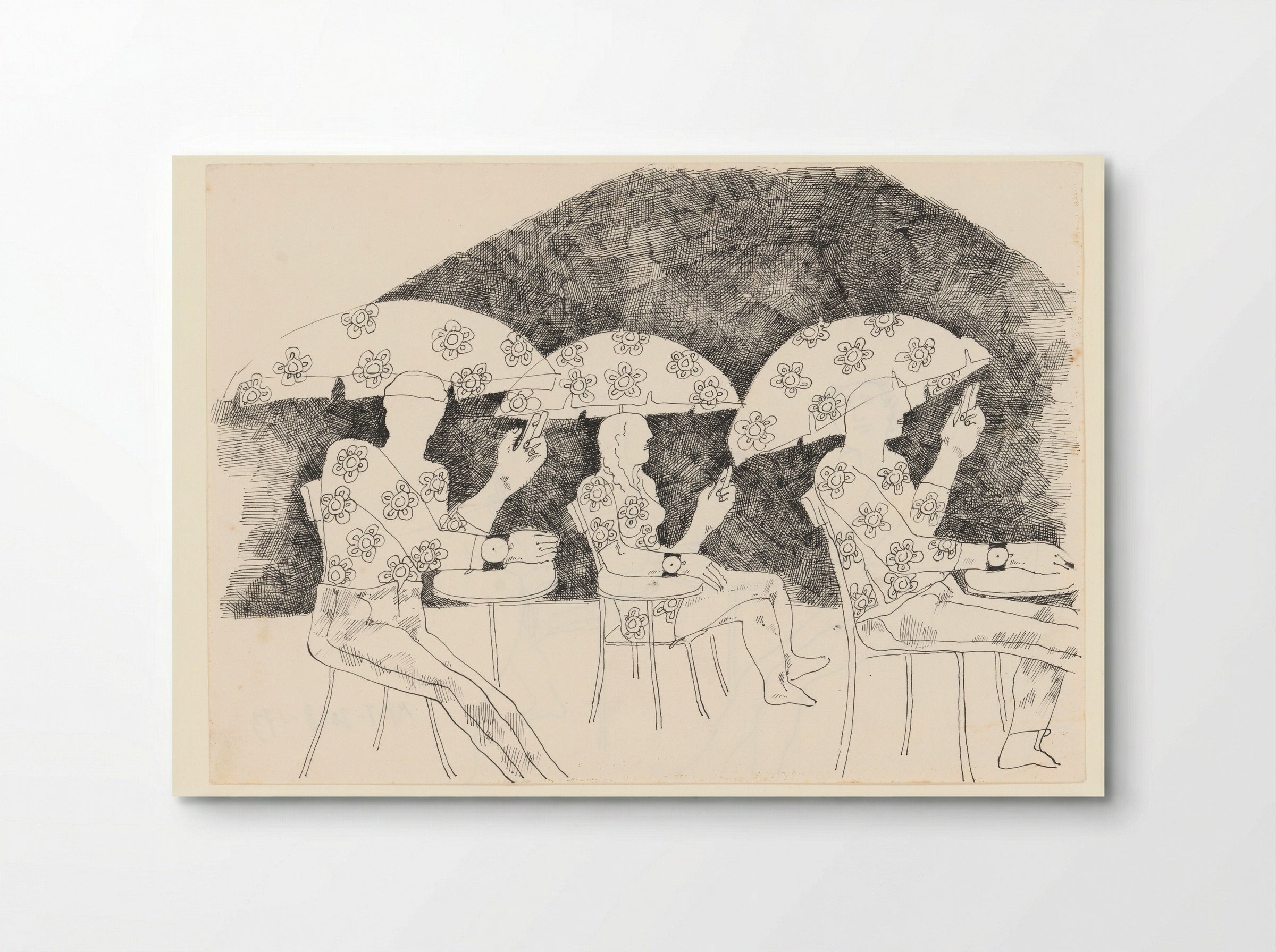 Drie mensen op een terras onder parasols - Paula Thies - Poster