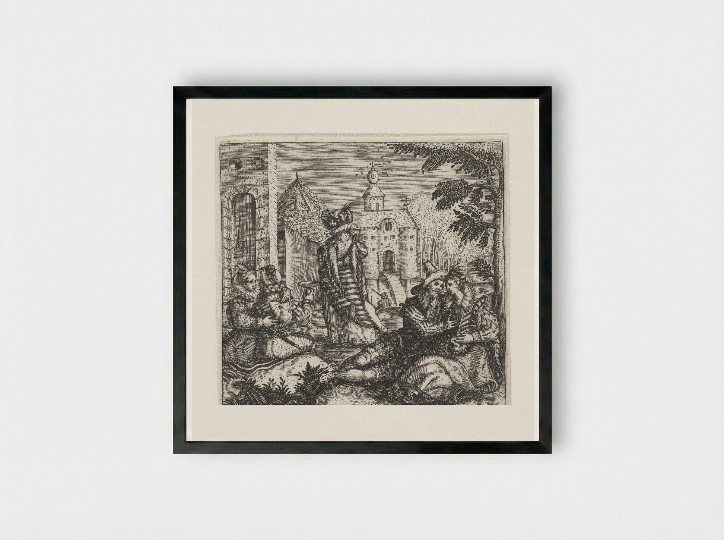 Drie minnende paren in kasteeltuin - Johann Theodor de Bry - Framed Print Black