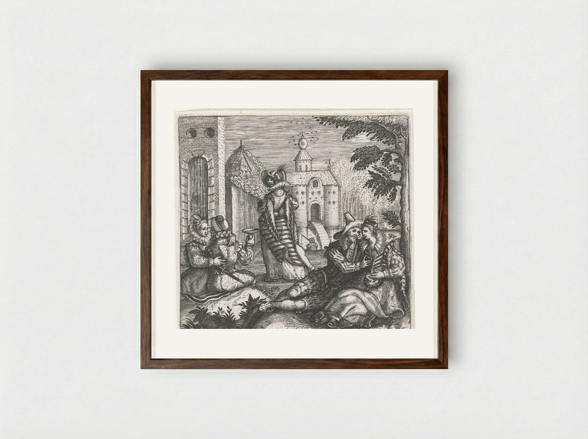 Drie minnende paren in kasteeltuin - Johann Theodor de Bry - Framed Print Dark Wood