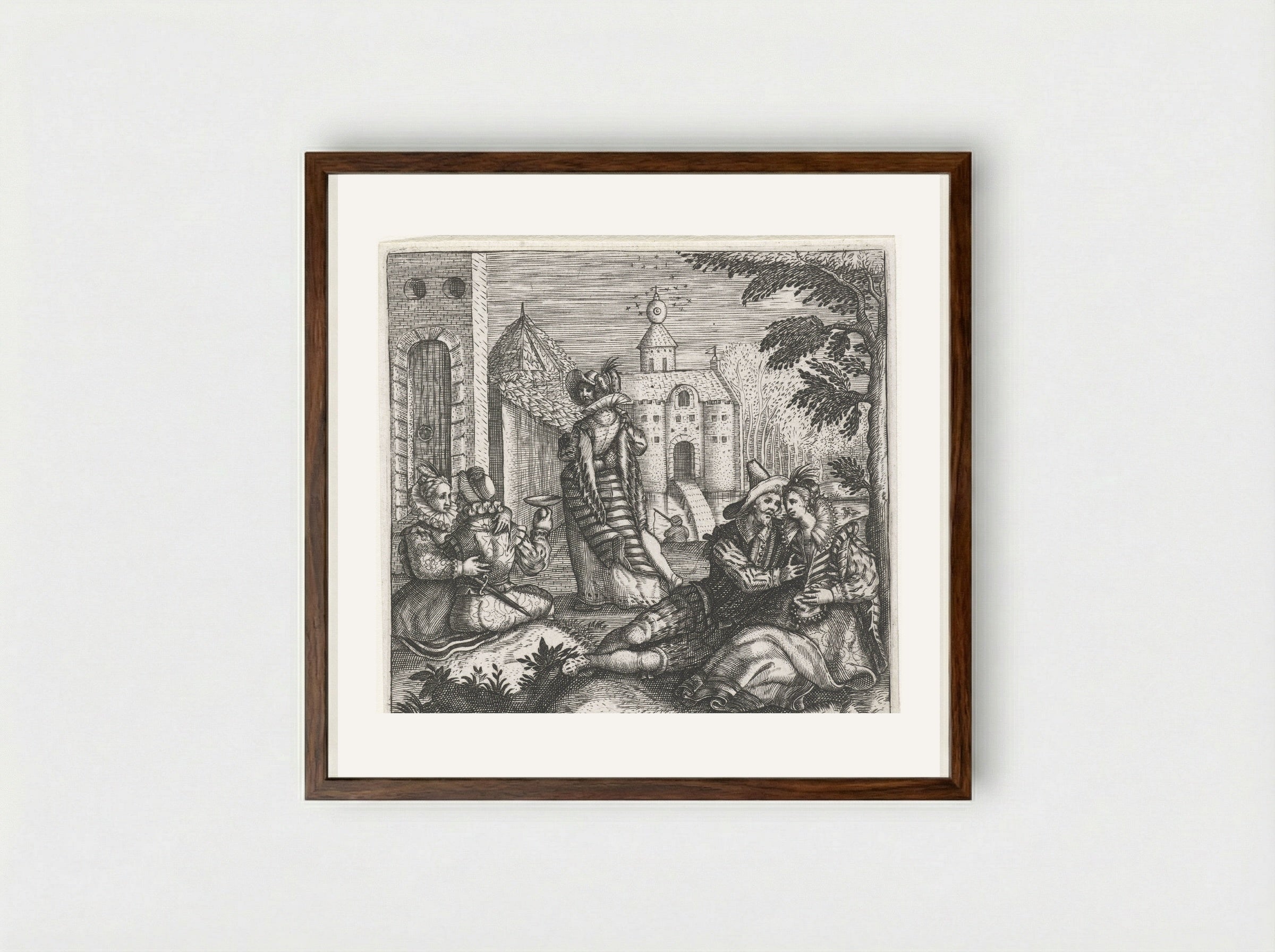 Drie minnende paren in kasteeltuin - Johann Theodor de Bry - Framed Print Dark Wood