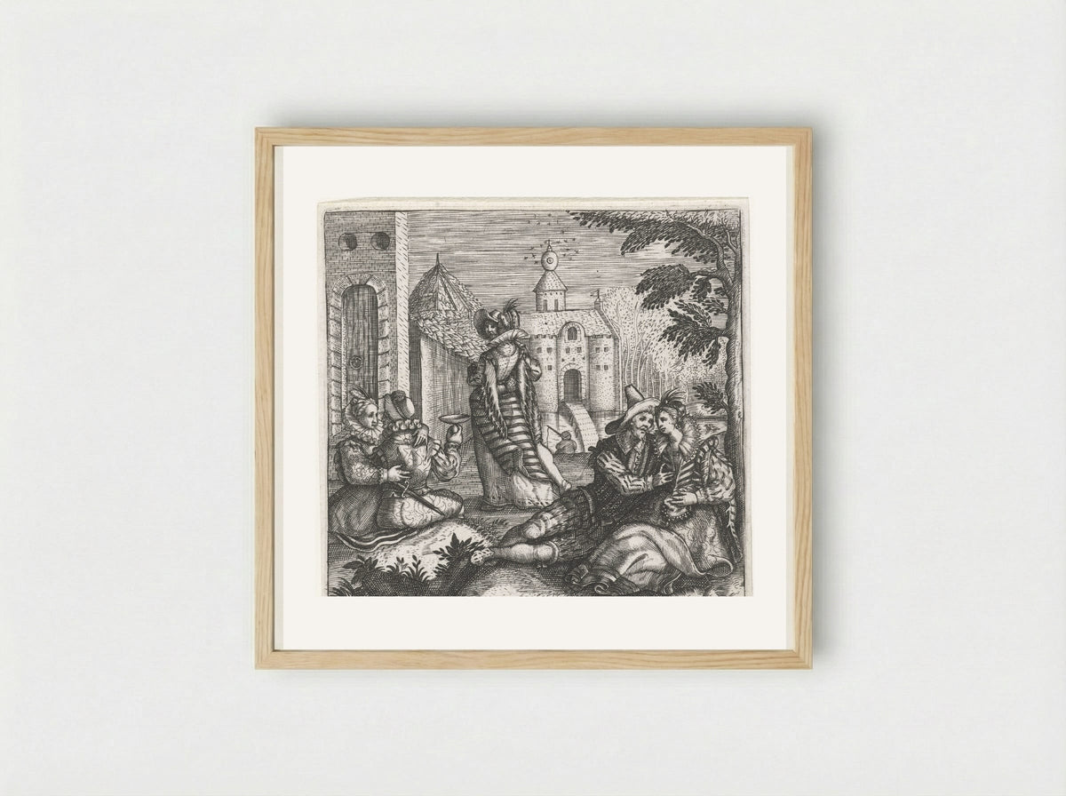 Drie minnende paren in kasteeltuin - Johann Theodor de Bry - Framed Print Wood
