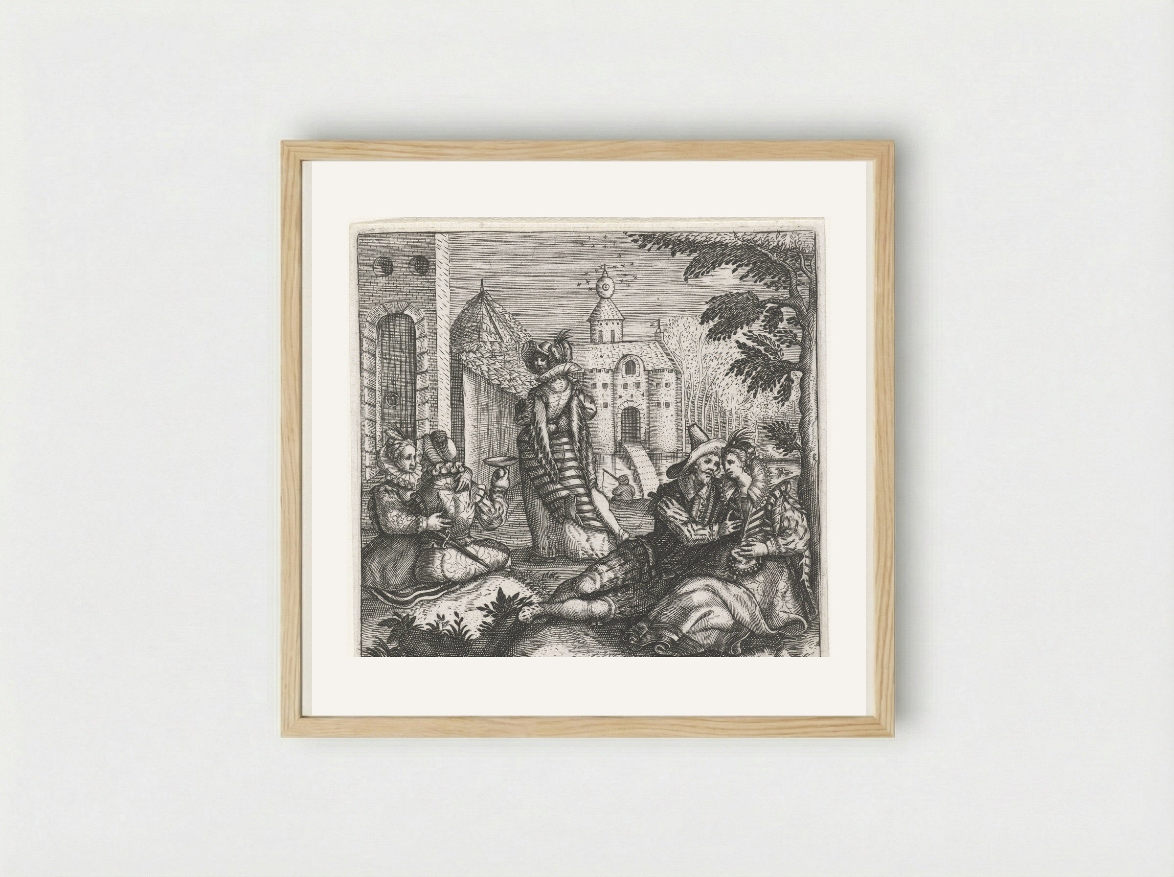 Drie minnende paren in kasteeltuin - Johann Theodor de Bry - Framed Print Wood