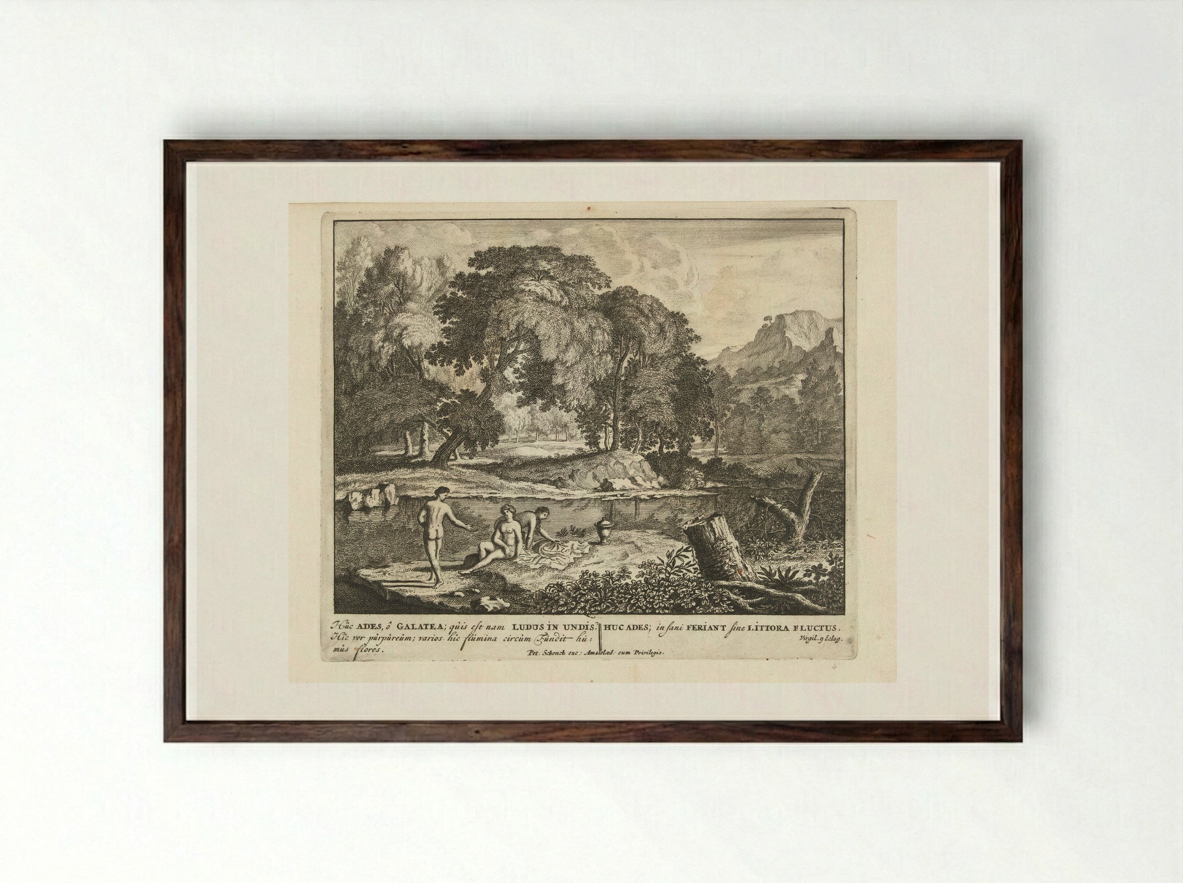 Drie nimfen baden in een meertje - Jan van Call (I) - Framed Print Dark Wood