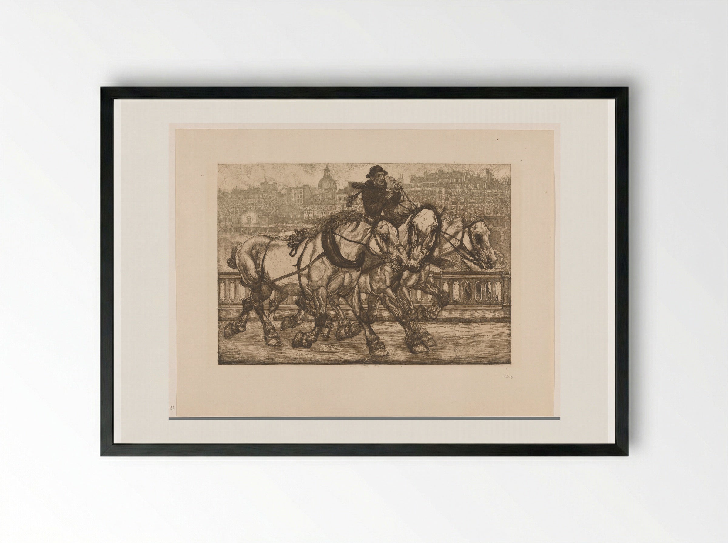 Drie paarden op de Pont de Sully in Parijs - Pieter Dupont - Framed Print Black
