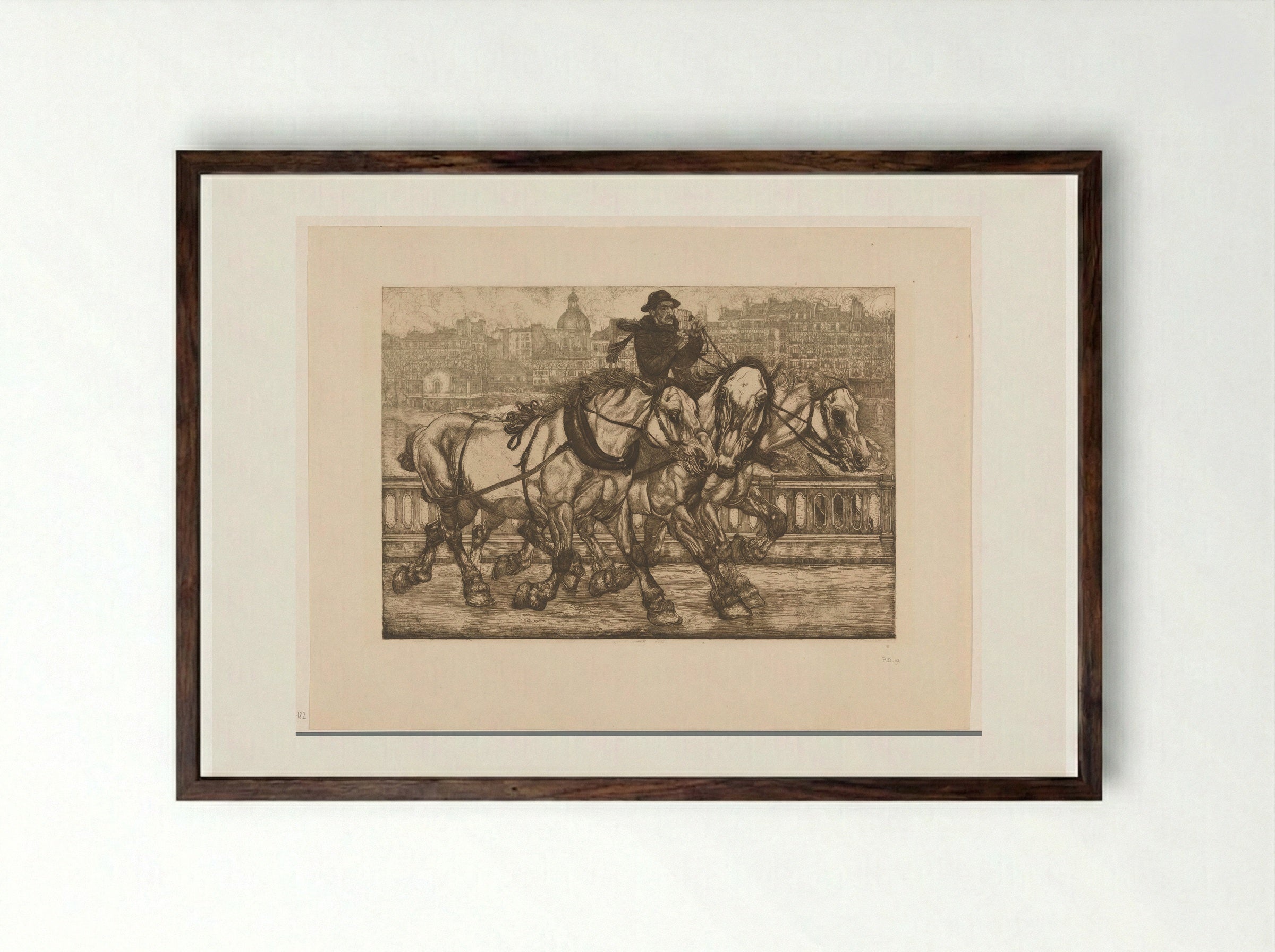 Drie paarden op de Pont de Sully in Parijs - Pieter Dupont - Framed Print Dark Wood