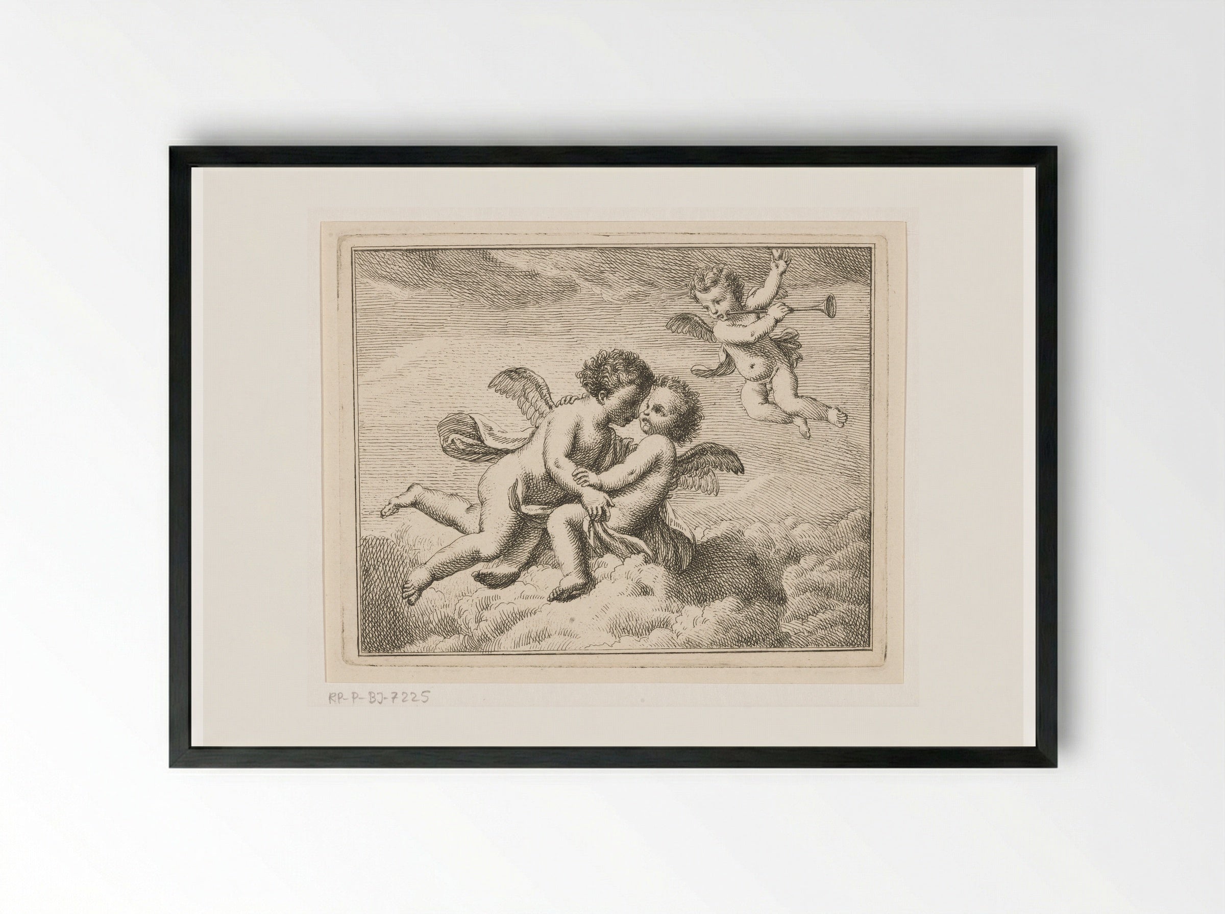 Drie putti in de wolken, een met een bazuin - Louis Fabritius Dubourg - Framed Print Black