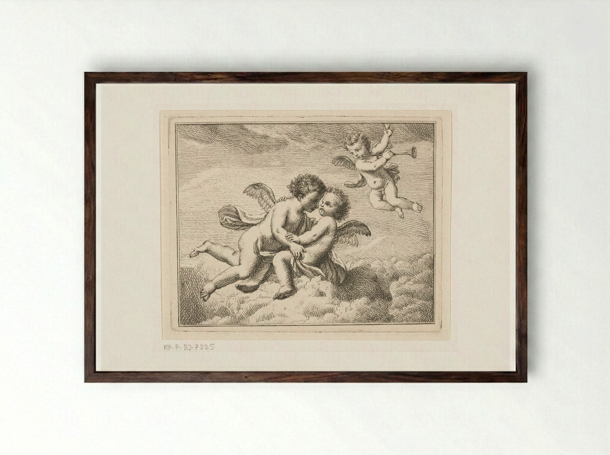 Drie putti in de wolken, een met een bazuin - Louis Fabritius Dubourg - Framed Print Dark Wood