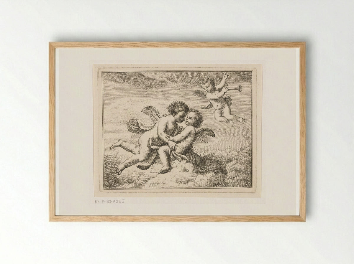 Drie putti in de wolken, een met een bazuin - Louis Fabritius Dubourg - Framed Print Wood