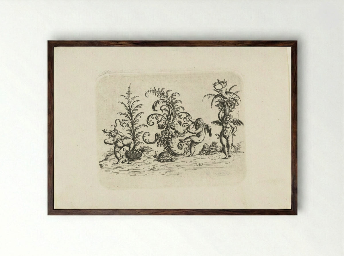 Drie putti - Christoph Jamnitzer - Framed Print Dark Wood