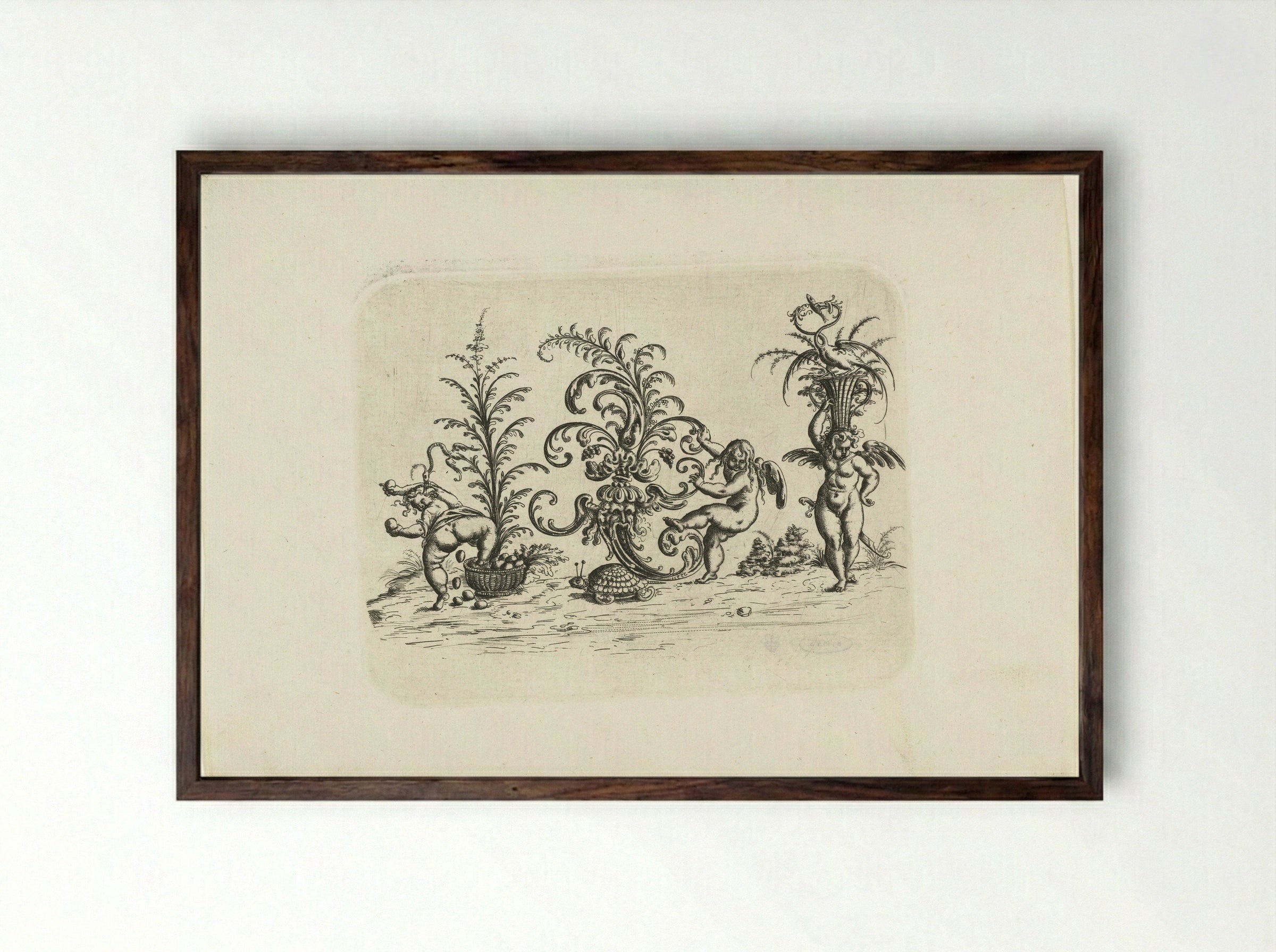 Drie putti - Christoph Jamnitzer - Framed Print Dark Wood