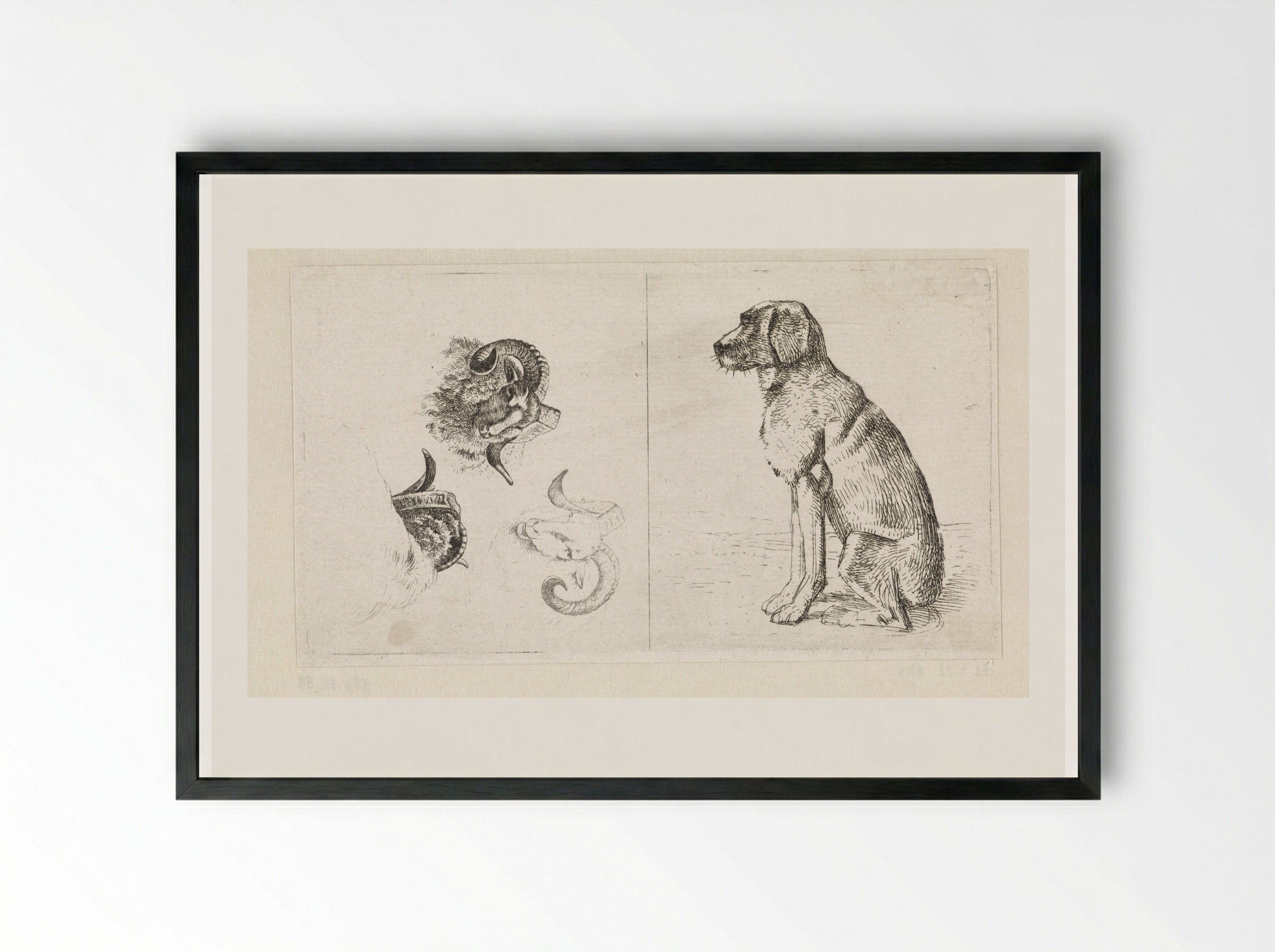 Drie ramskoppen / Zittende hond - Wouter Johannes van Troostwijk - Framed Print Black